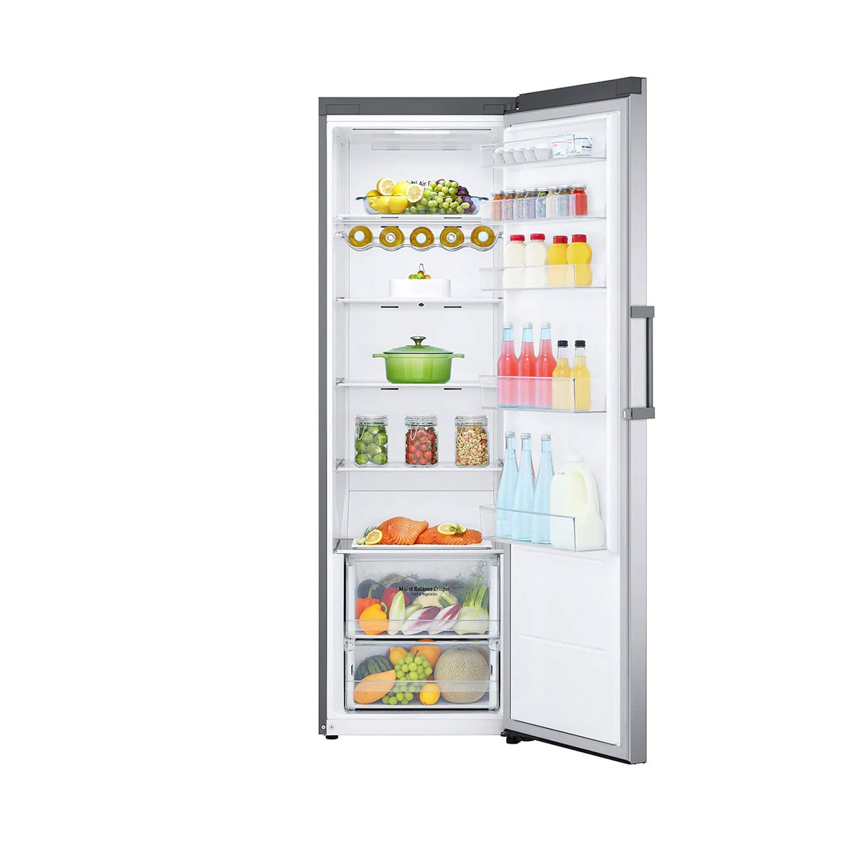 Un refrigerador abierto con varios alimentos dentro.