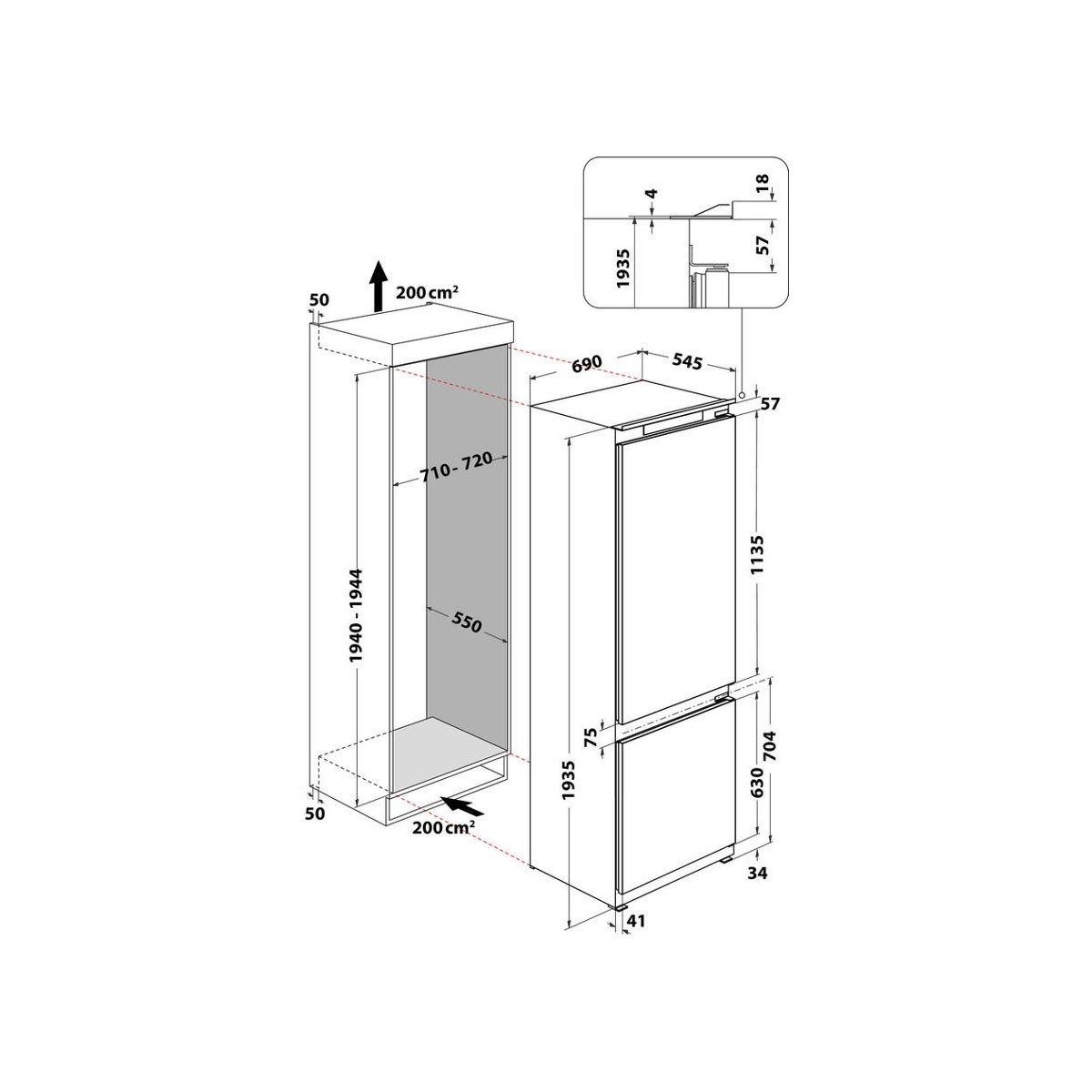 Disegno tecnico di un frigorifero con dimensioni ed etichette.