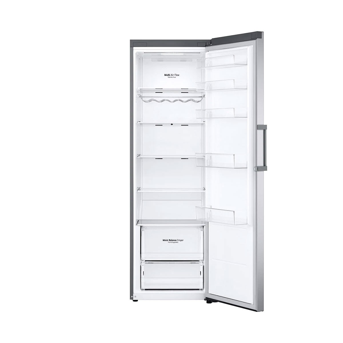Interior de refrigerador abierto con estantes, cajones y compartimentos en la puerta.