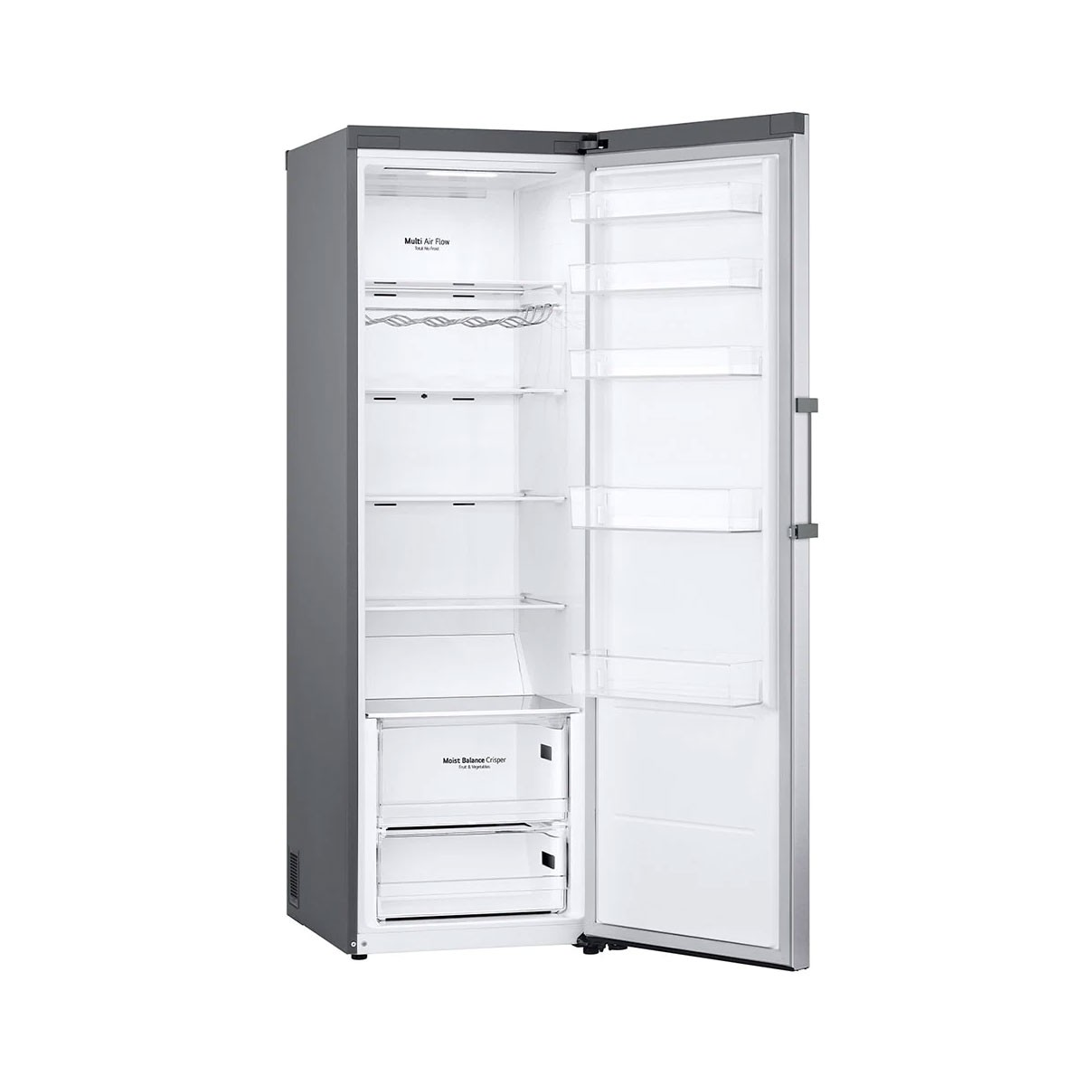 Un refrigerador gris está abierto, revelando estantes, cajones y almacenamiento en la puerta. Multi Air Flow.