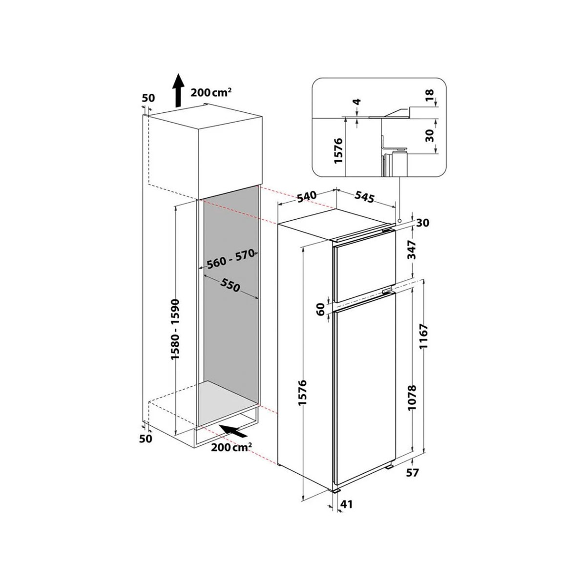 Disegno tecnico che mostra le dimensioni di un frigorifero. Include misure di altezza, larghezza e profondità.