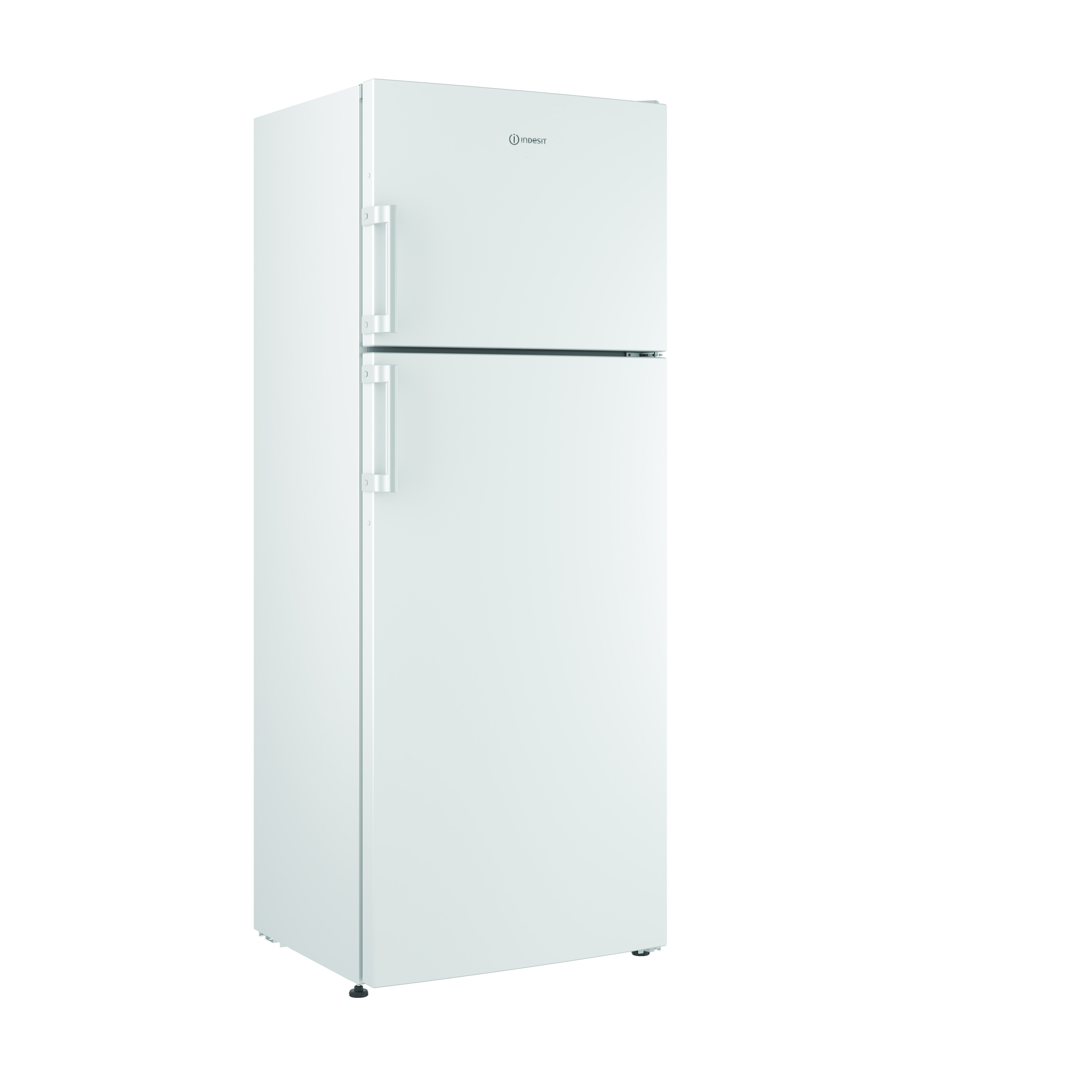 Refrigerador blanco con dos puertas, logo arriba. Asa en cada puerta. Fondo blanco.