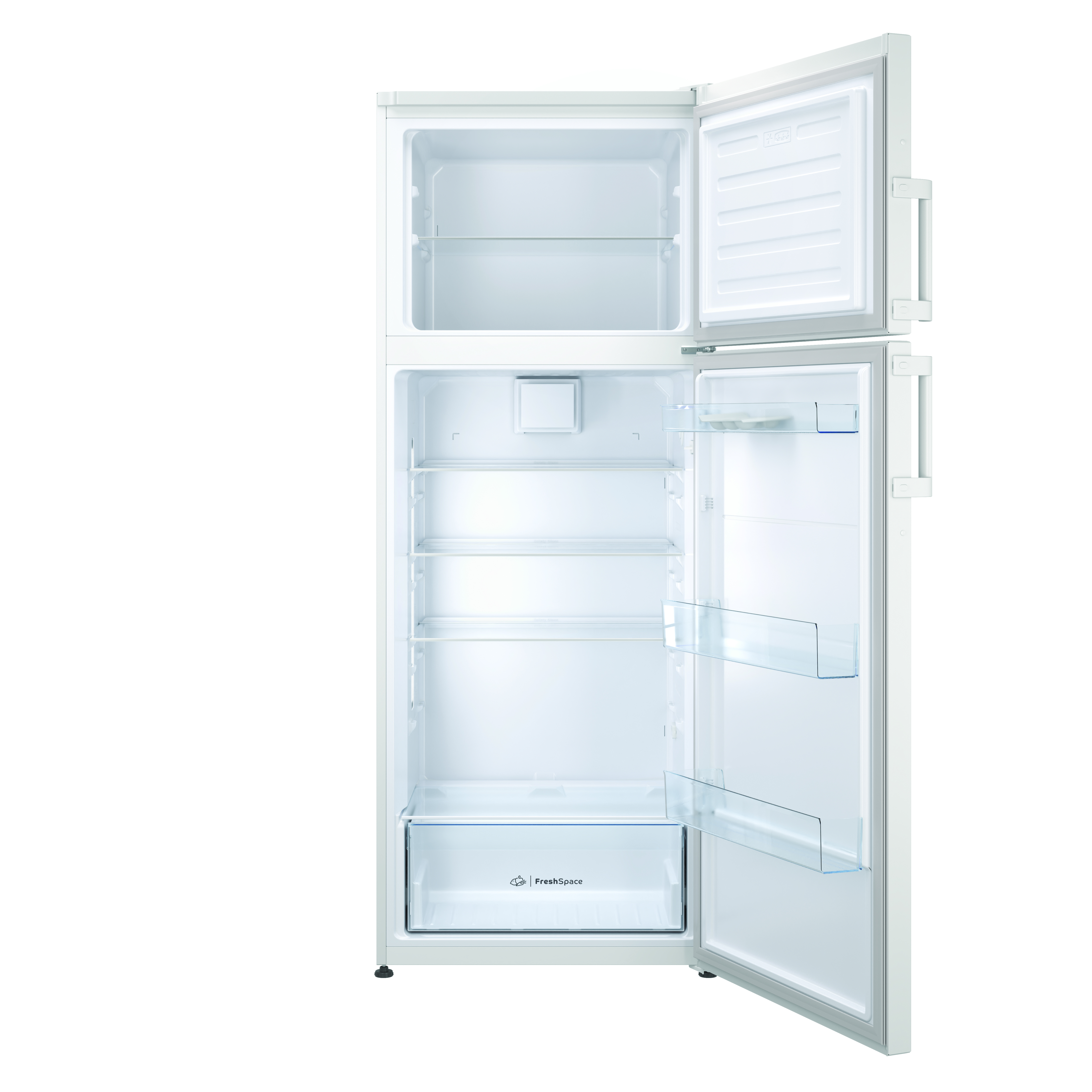 Un frigorífico blanco con las puertas abiertas, que revela estantes y estructura interna.
