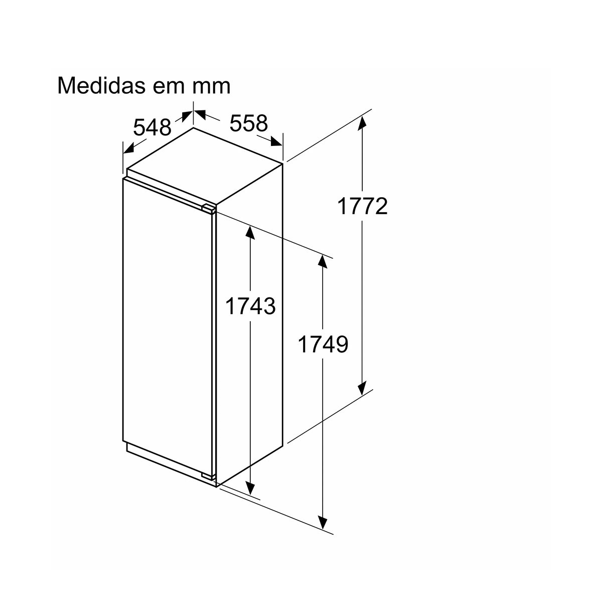 Widok izometryczny białej lodówki z wymiarami w mm. Drzwi zamknięte.