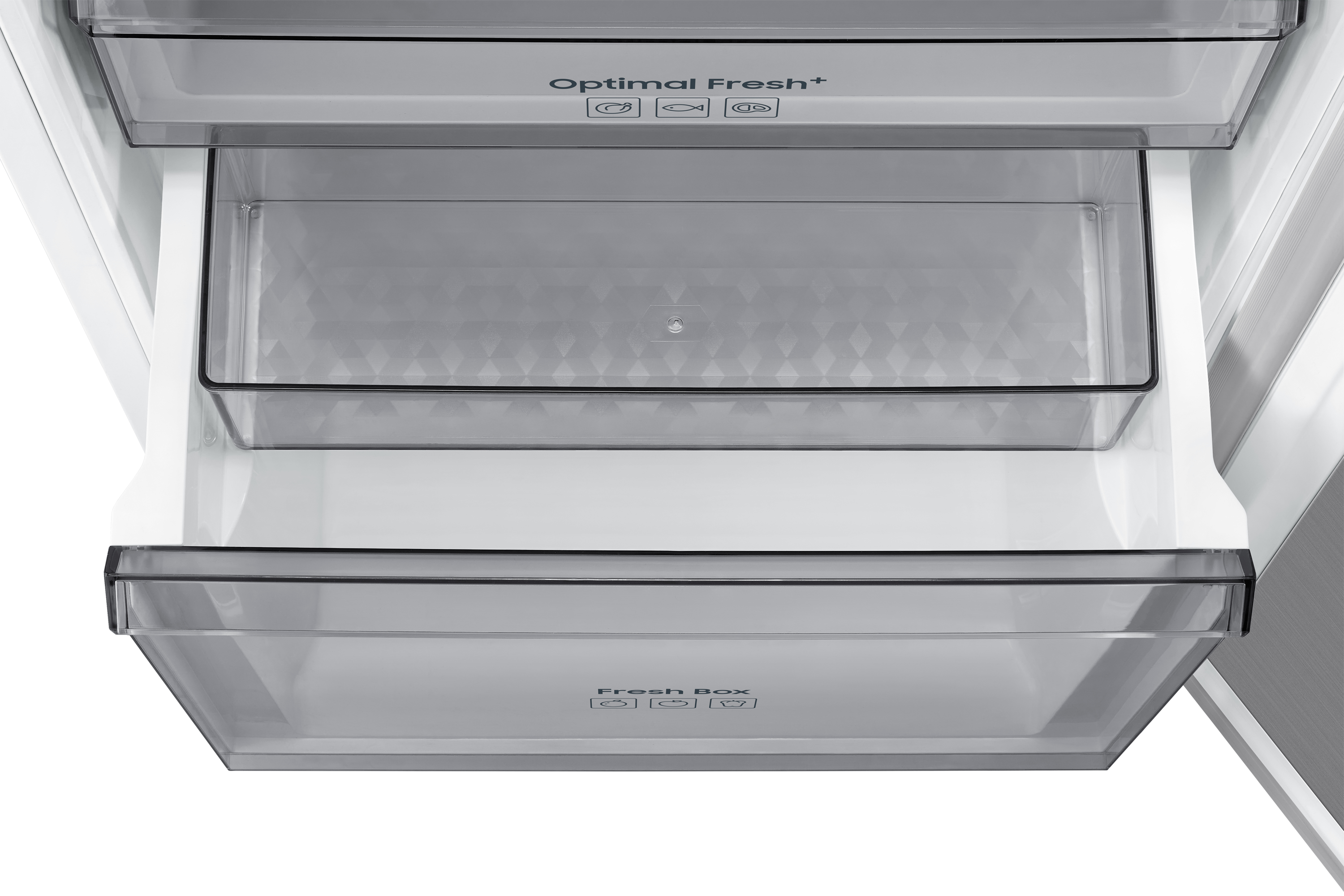 Open koelkastladen. Bovenste lade heeft label 'Optimal Fresh+'.