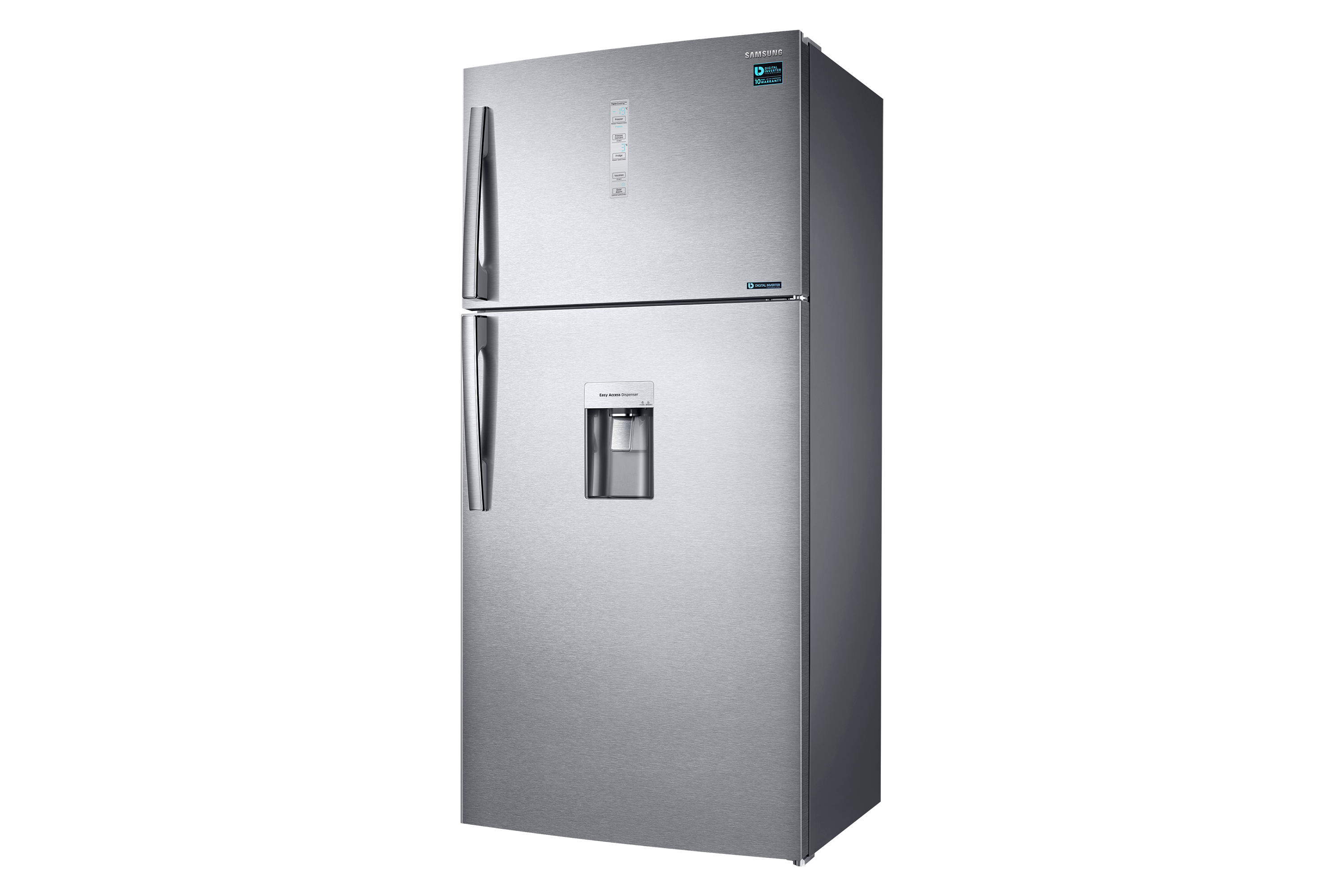 Primo piano del distributore d'acqua del frigorifero Samsung con il testo Easy Access Dispenser.