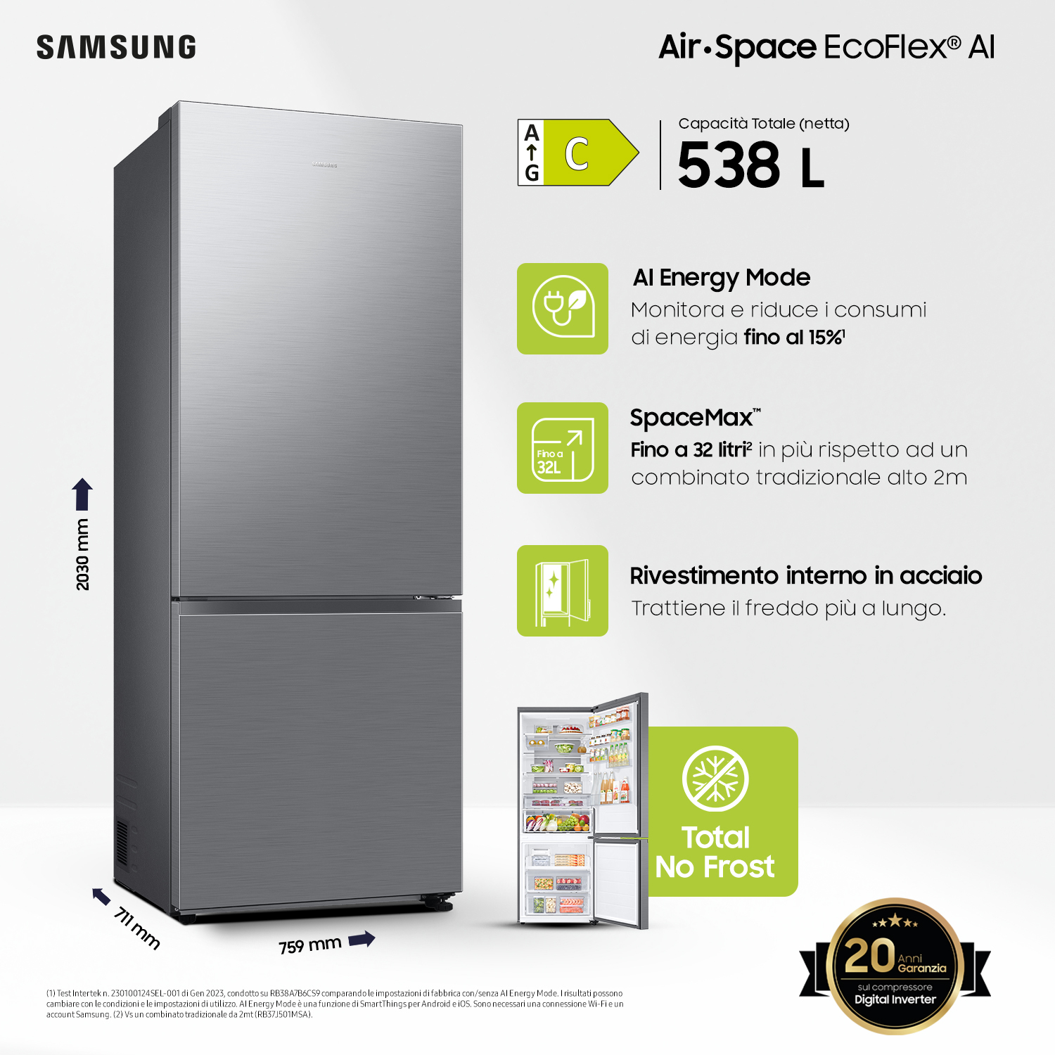 Un frigorifero Samsung con una capacità di 538L, con modalità energia AI e senza brina.