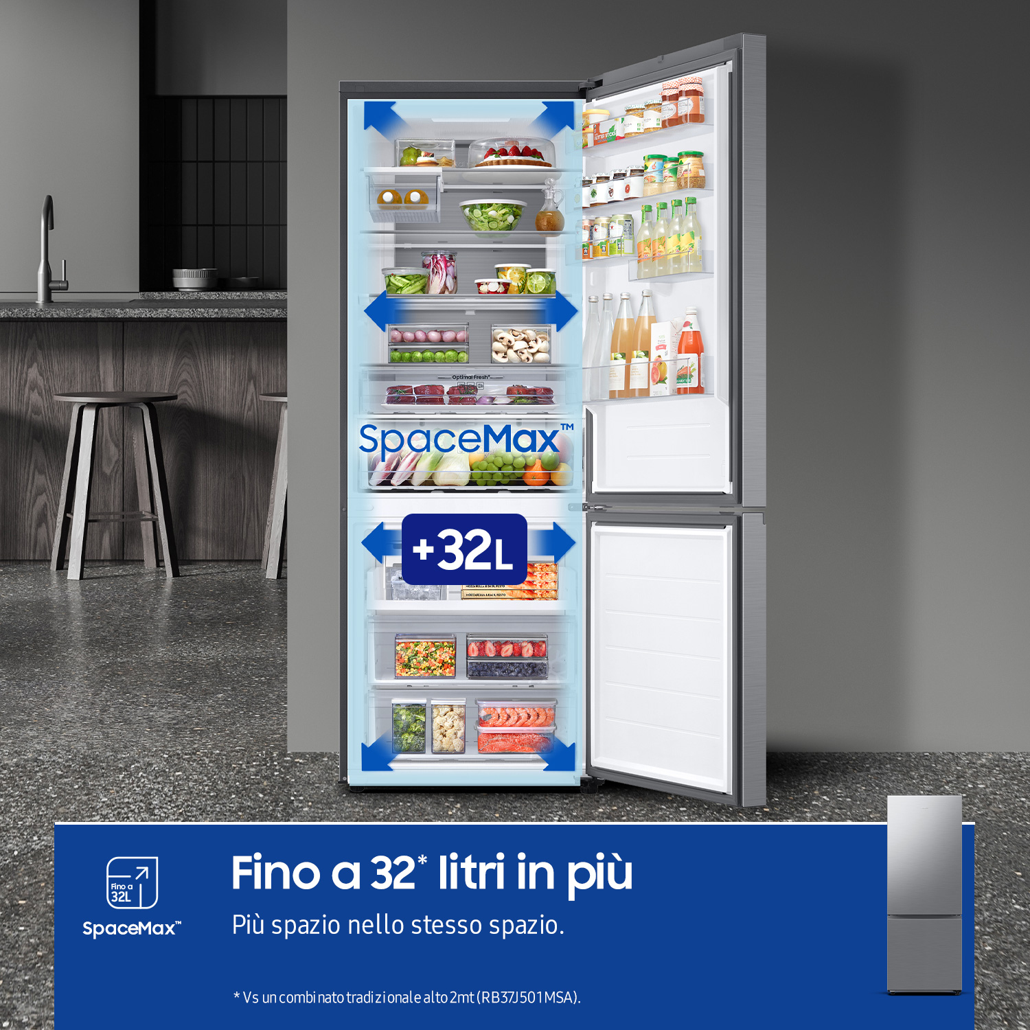 Frigorifero aperto con frecce blu che mostrano il flusso d'aria. Testo: SpaceMax +32L.