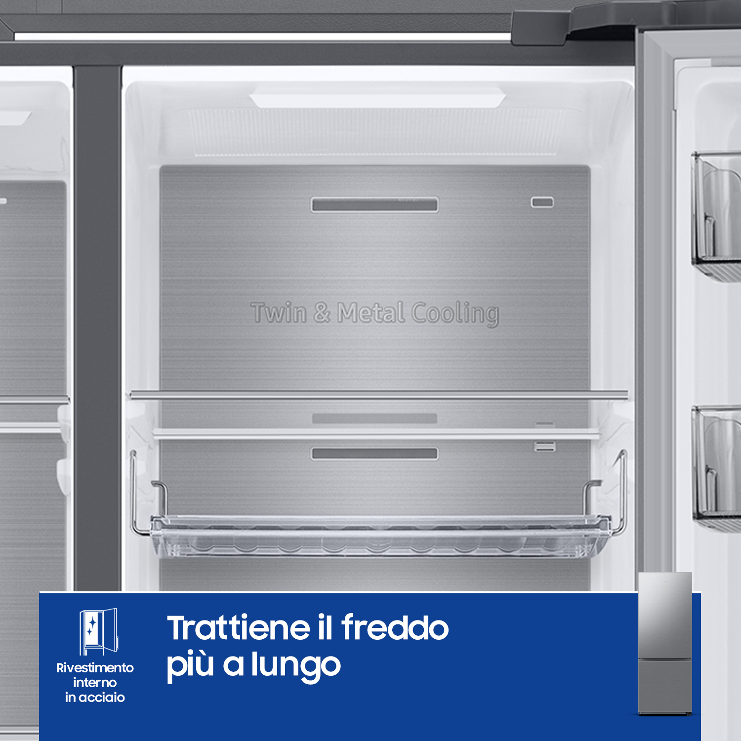 Primo piano dell'interno di un frigorifero. C'è un ripiano e le parole 'Twin & Metal Cooling' sul retro.