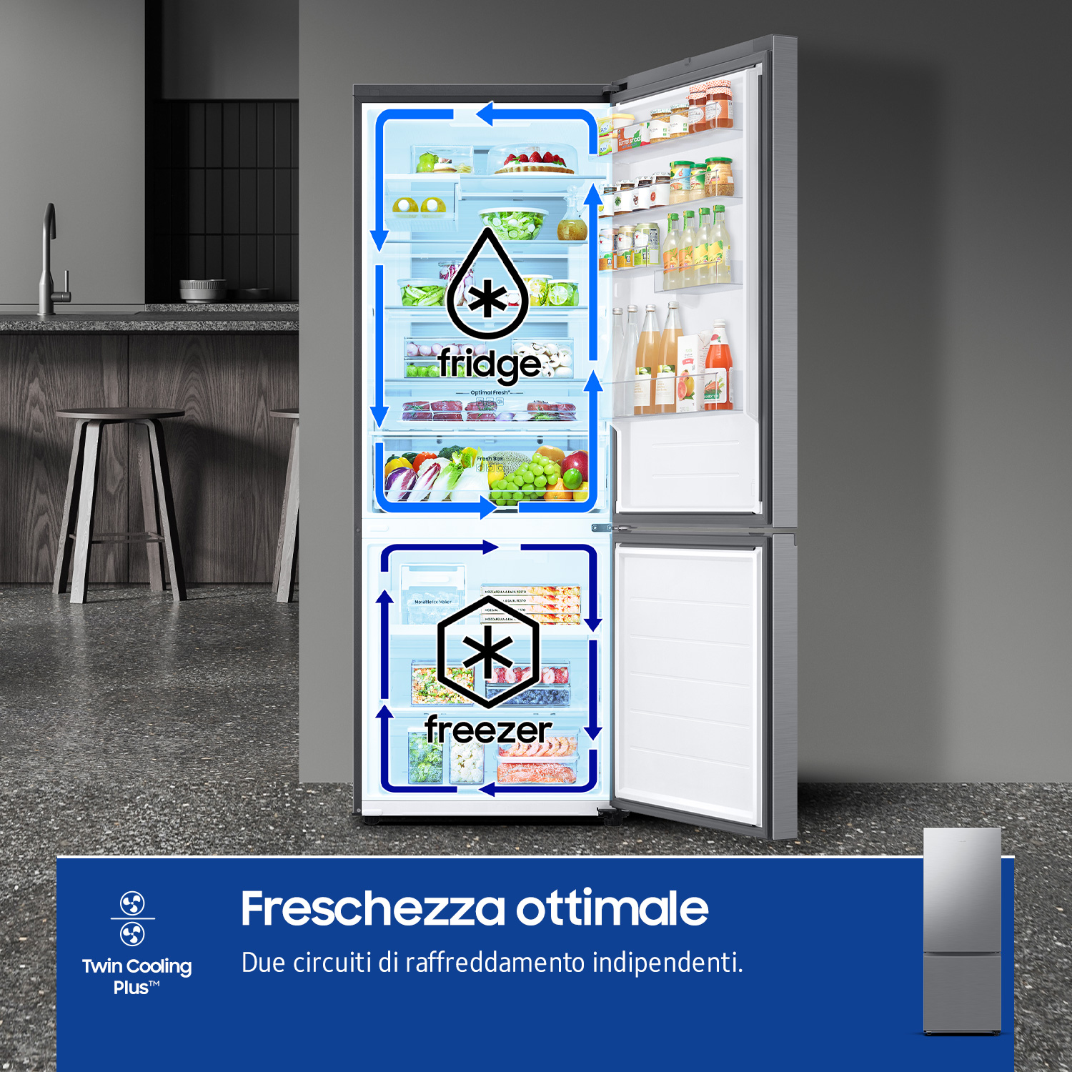 Frigorifero aperto con frecce blu che mostrano il flusso d'aria. Testo: Frigorifero e Congelatore.