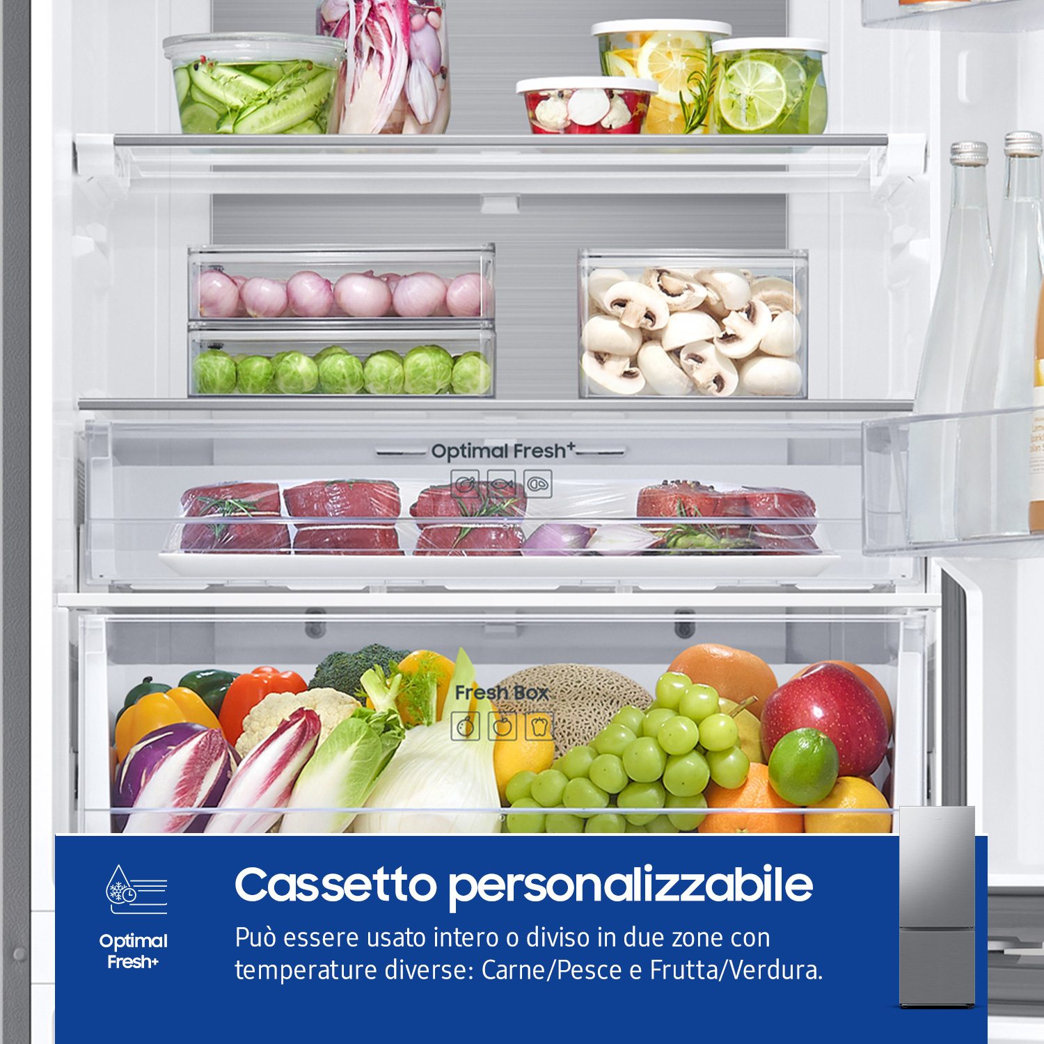 Primo piano dell'interno del frigorifero con vari frutti e verdure sugli scaffali.