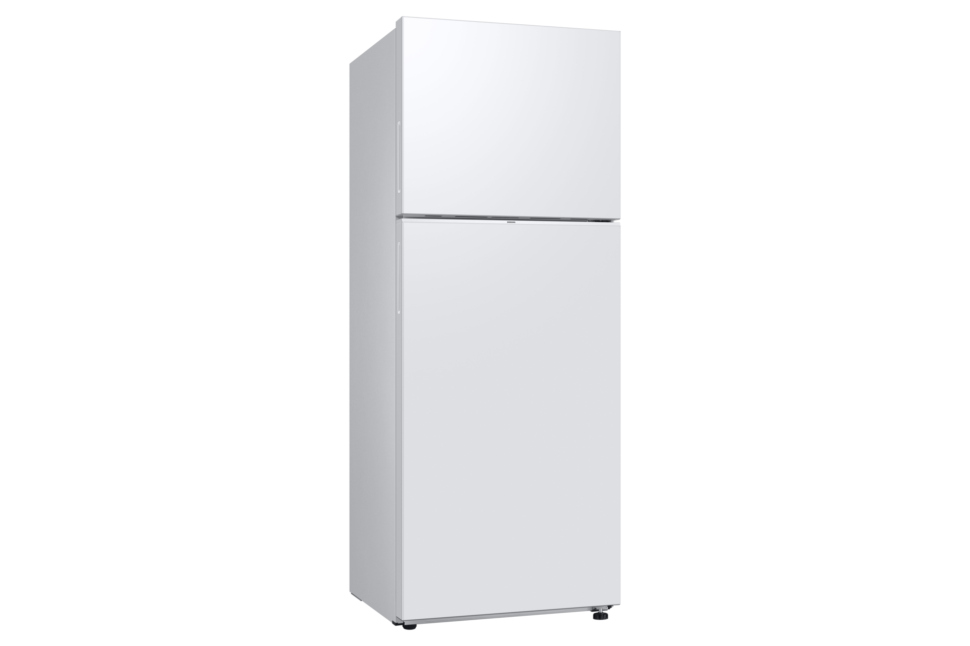 White refrigerator, top-freezer style, isolated on white.