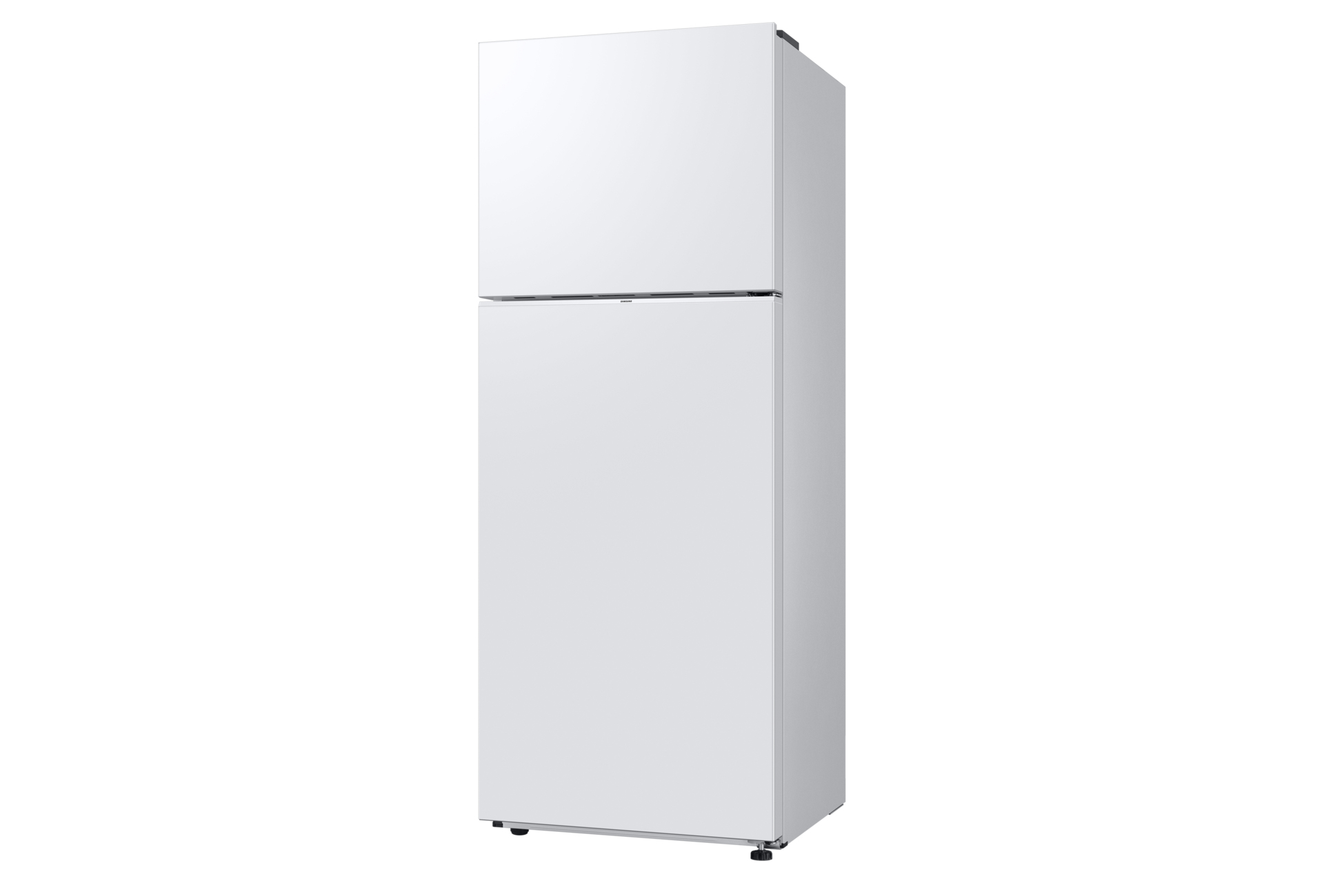 White refrigerator with a top freezer and a bottom refrigerator section.