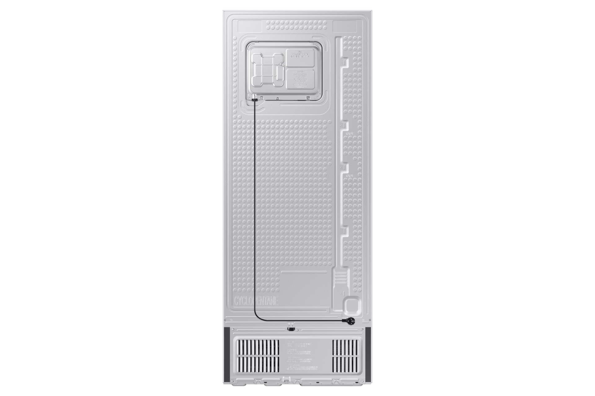 The back of a refrigerator, showing the components and power cable.