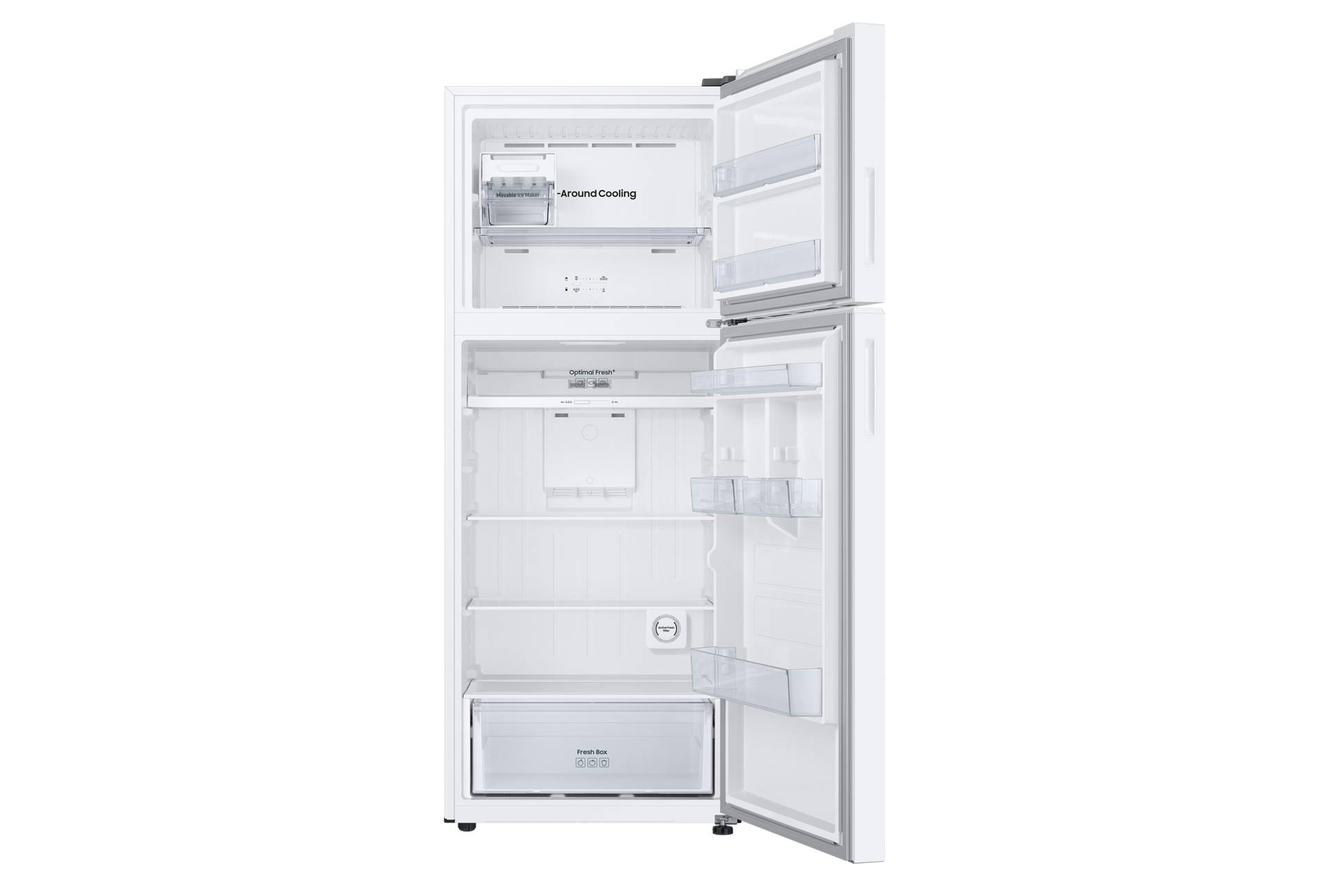A white refrigerator with an open top and bottom door, revealing shelves.
