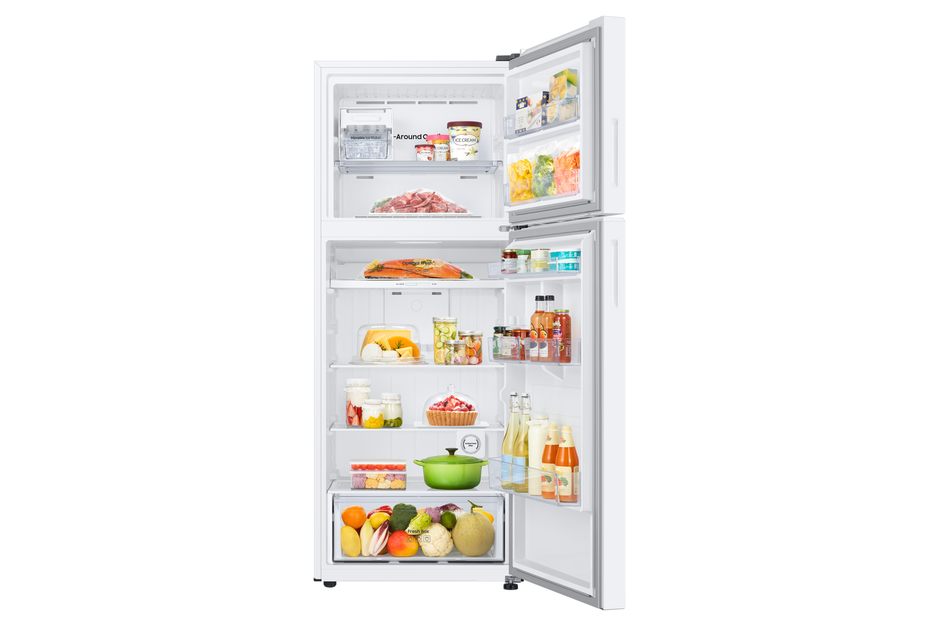 White refrigerator with open door, displaying shelves of groceries and food items. Well-organized interior.