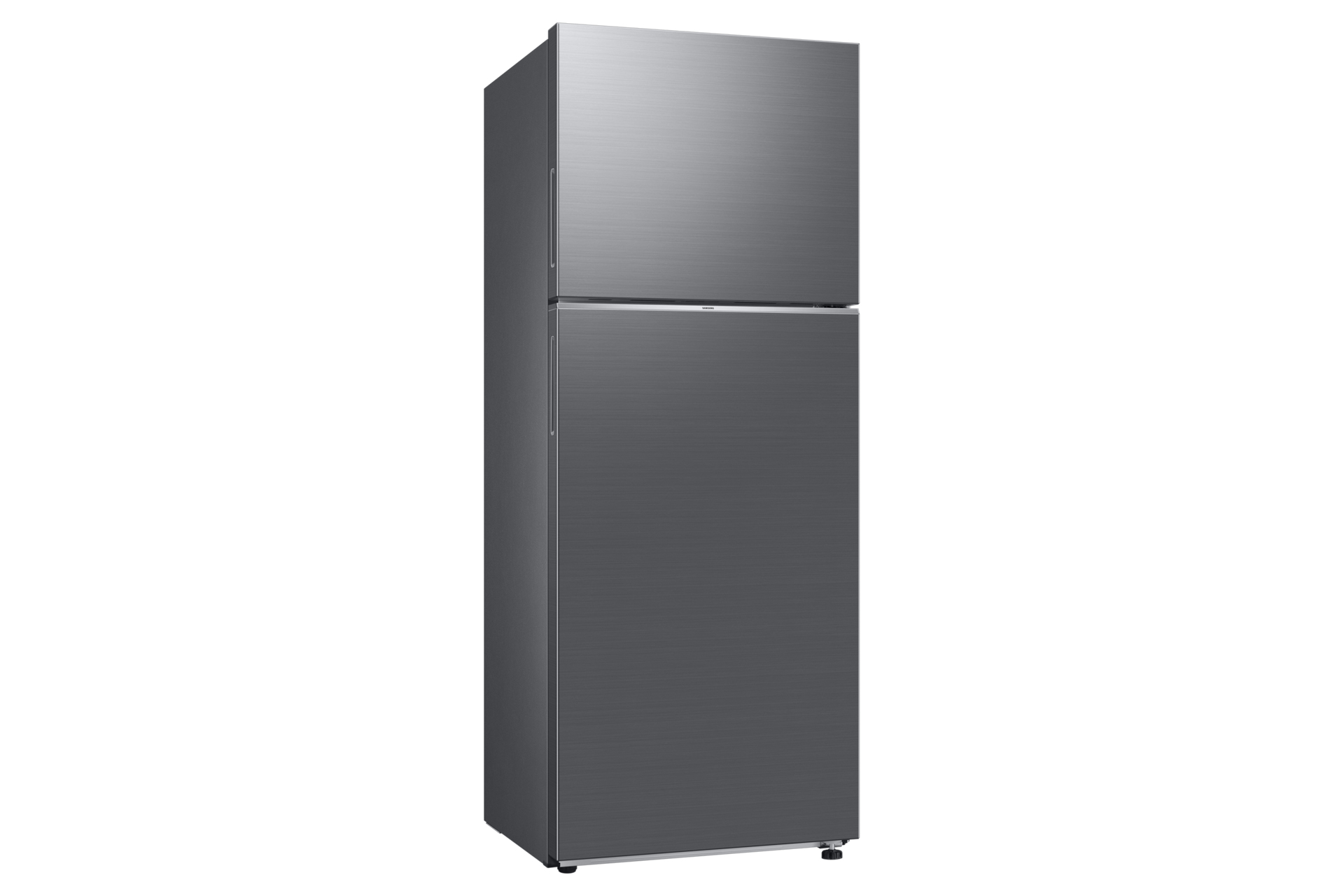 A gray refrigerator with a top freezer and bottom refrigerator section stands against a white background.