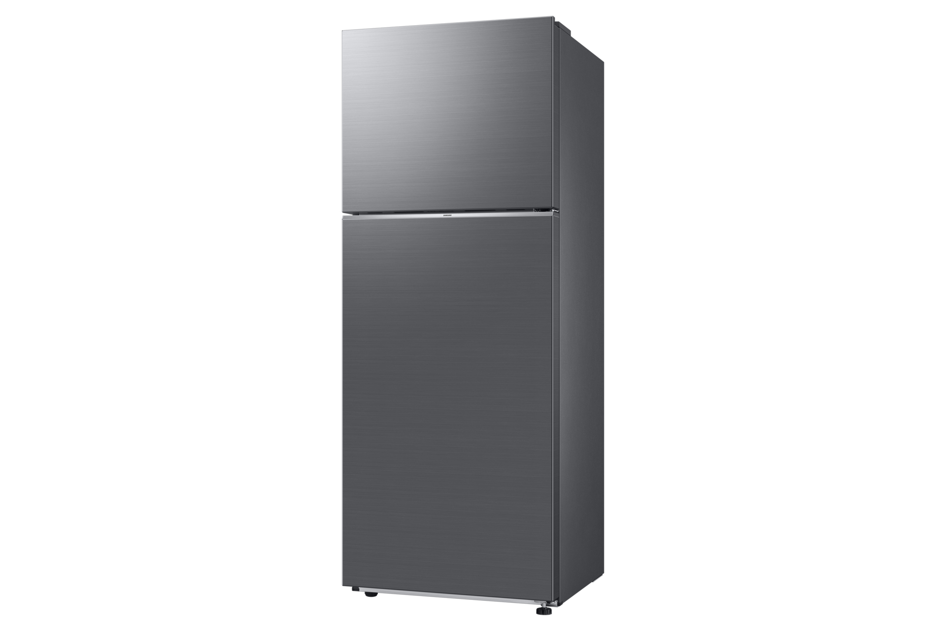 A tall, grey refrigerator with a top and bottom section. It stands on a white background.