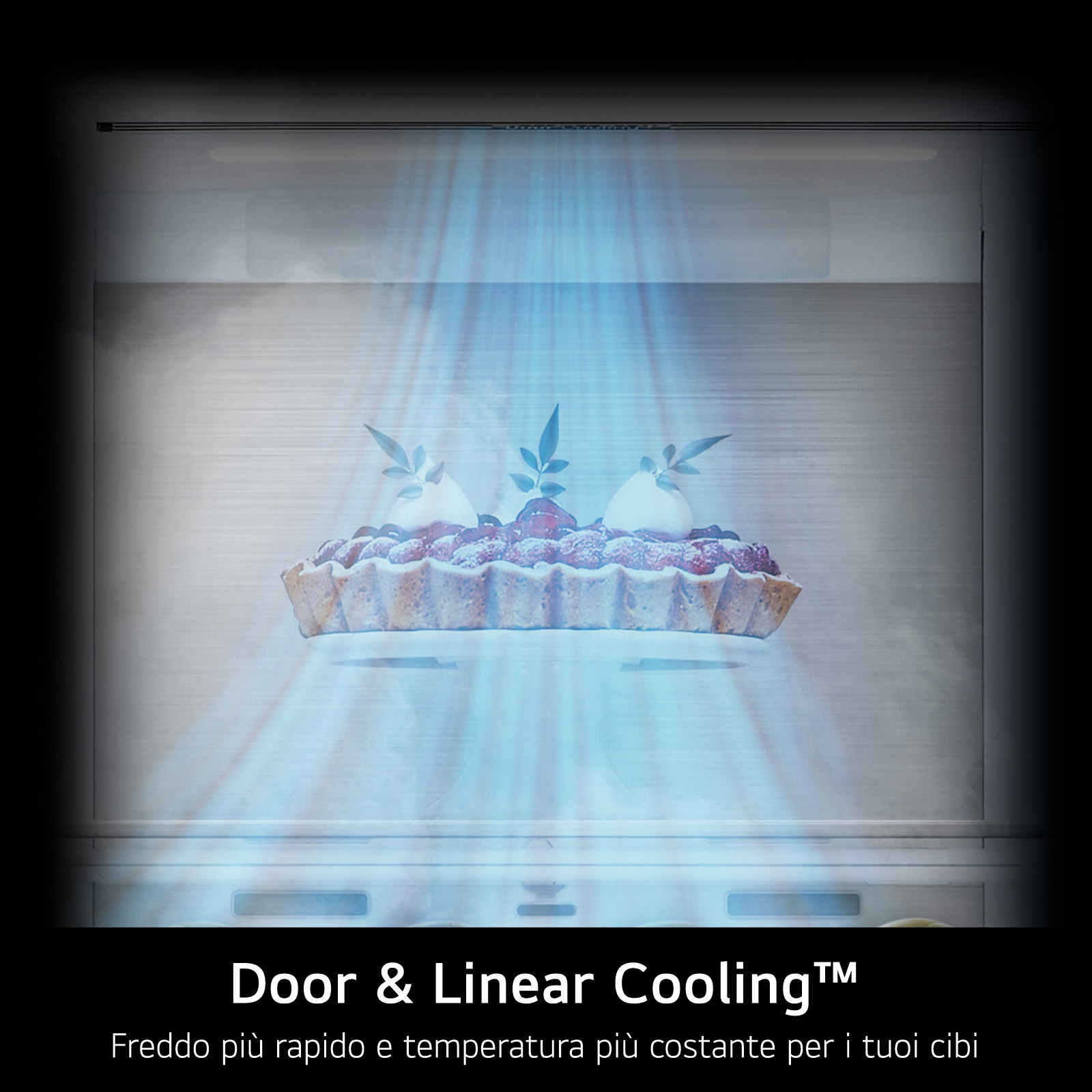 Deser w lodówce z niebieskim światłem i tekstem Door & Linear Cooling.