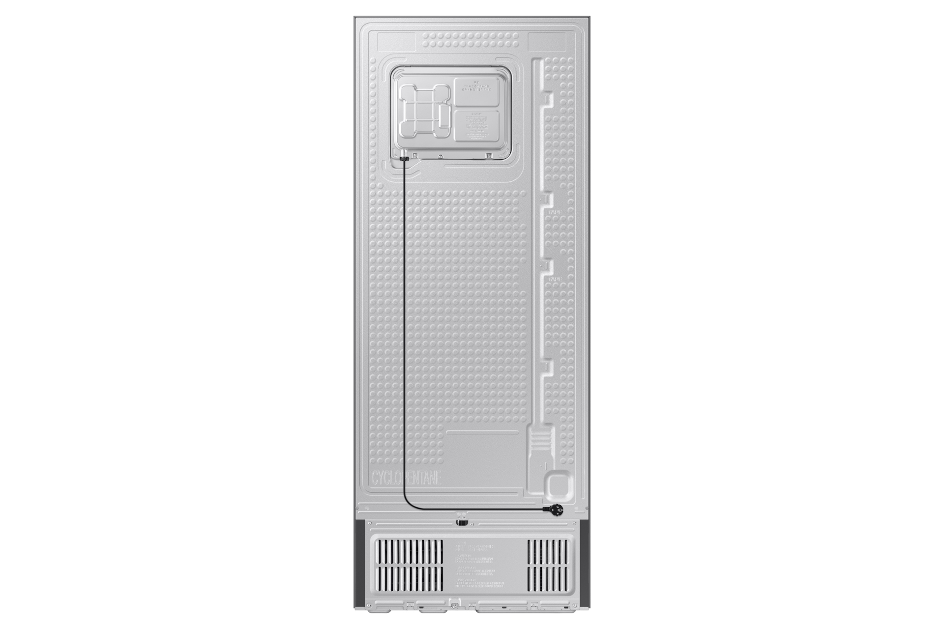 Back of a refrigerator, showing the metal panel with various components, a black cable, and ventilation grilles at the bottom.