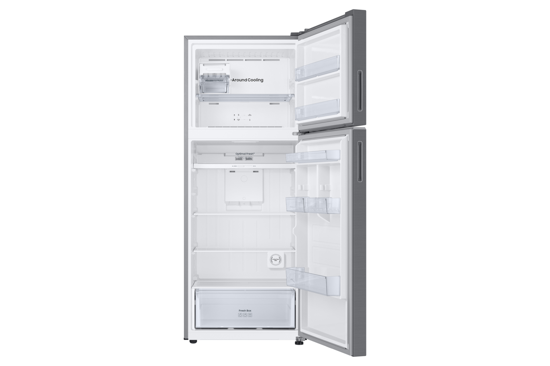Refrigerator interior with fruits and vegetables in a special compartment.