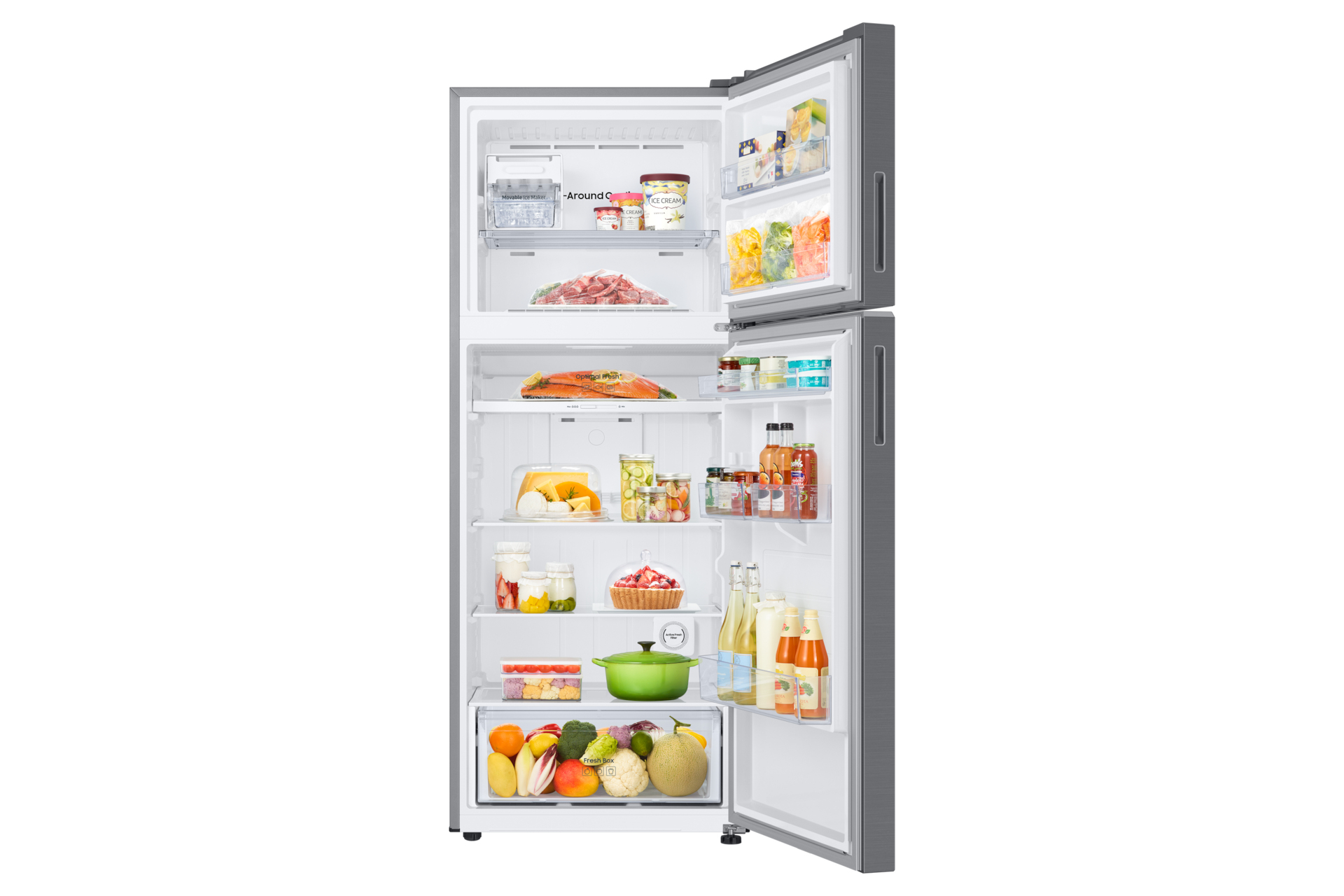 Open refrigerator filled with food: fruits, vegetables, jars, meat, ice cream, and drinks. Gray exterior, white interior.