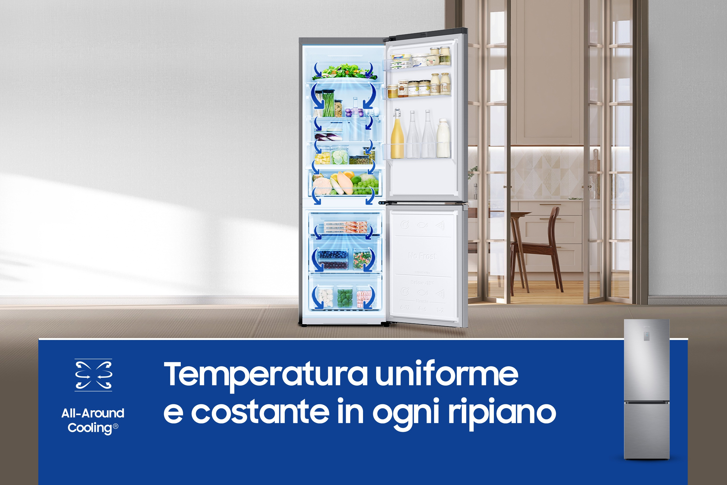 Un refrigerador abierto. El texto dice: 'Temperatura uniforme y constante en cada estante'.