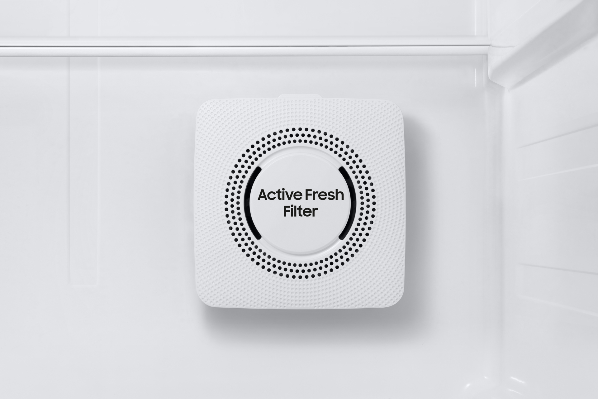 A white refrigerator interior with an Active Fresh Filter. The filter is square with a circular center and black dot details.