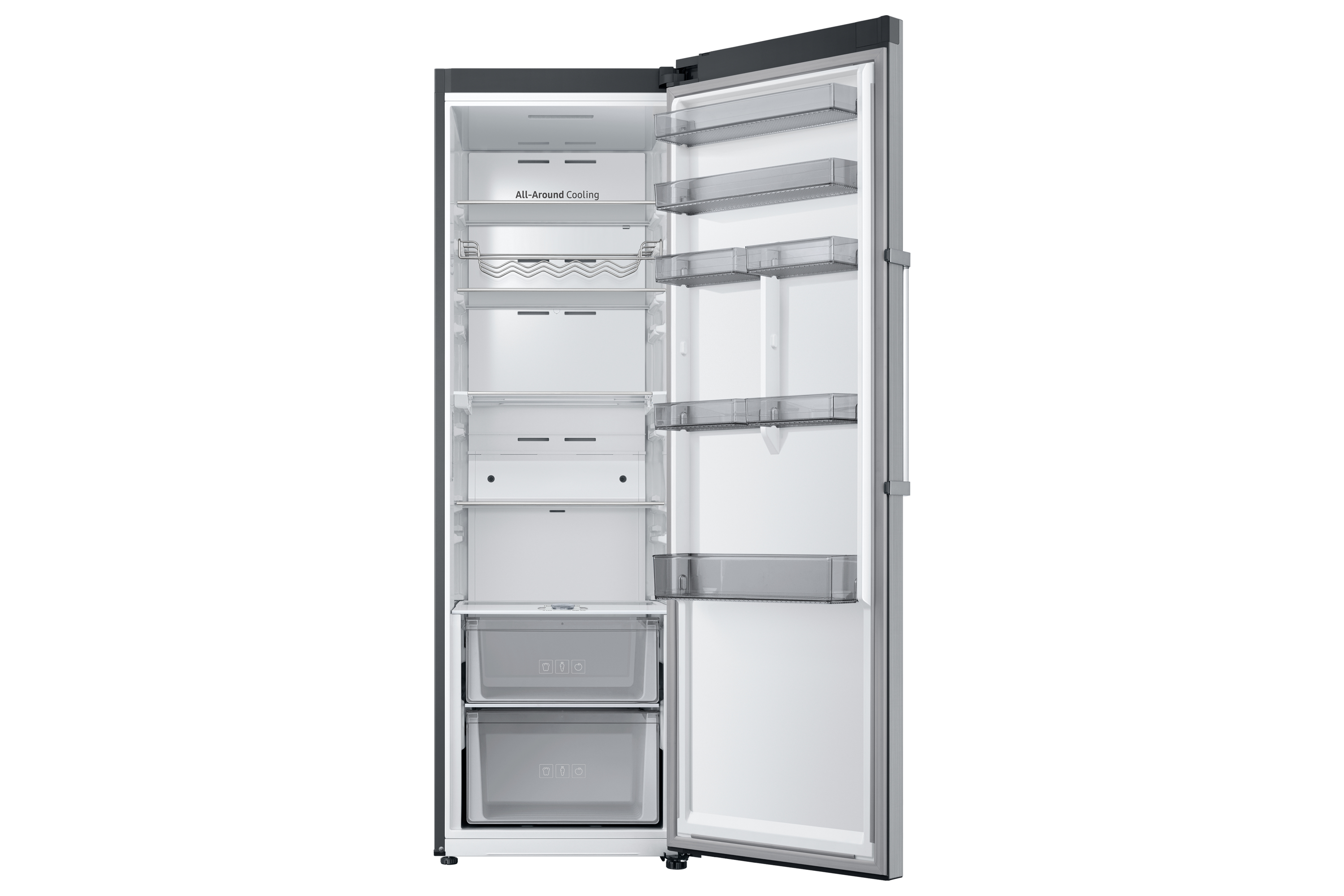 Refrigerador abierto con estantes y cajones. La puerta está abierta, mostrando el interior.