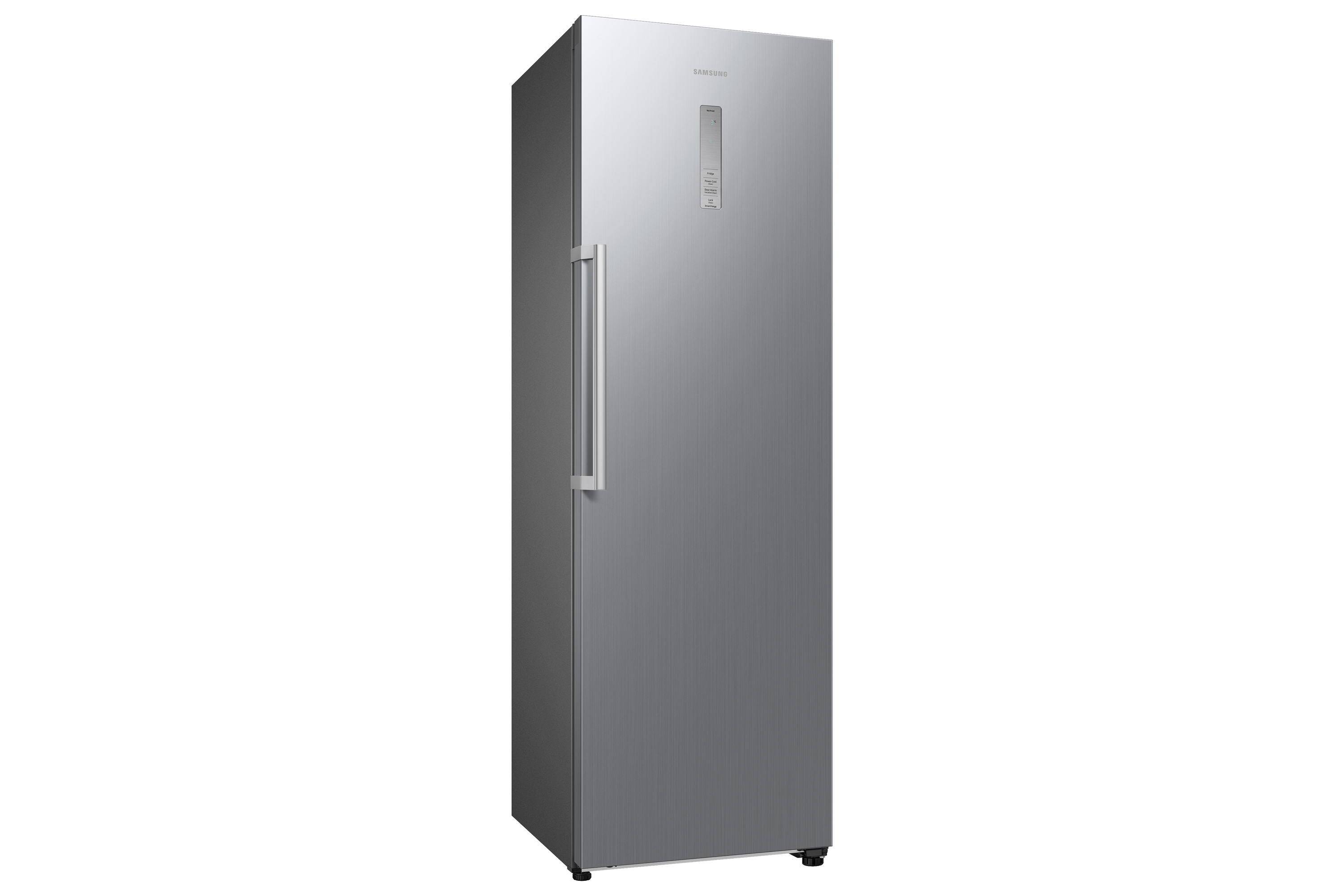 Refrigerador plateado. Puerta cerrada. Fondo blanco.