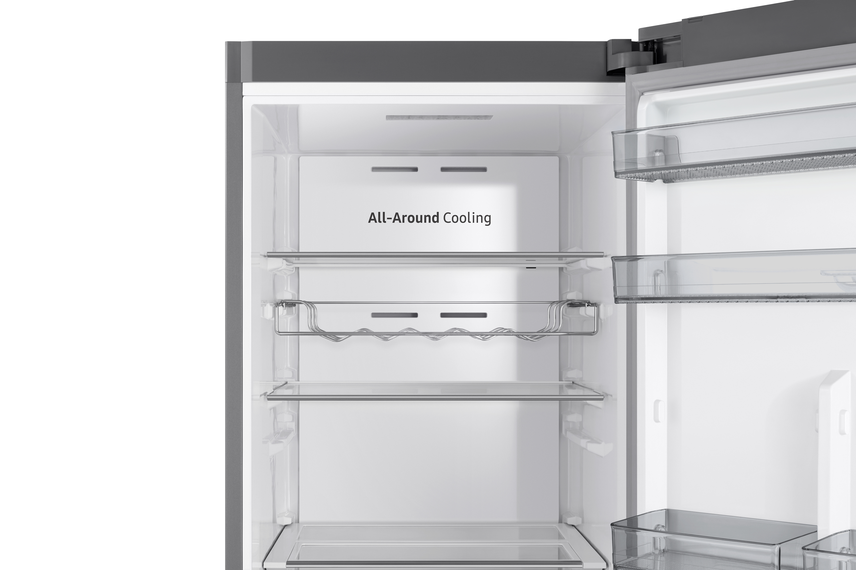 Un refrigerador abierto con estantes y las palabras All-Around Cooling escritas en su interior.