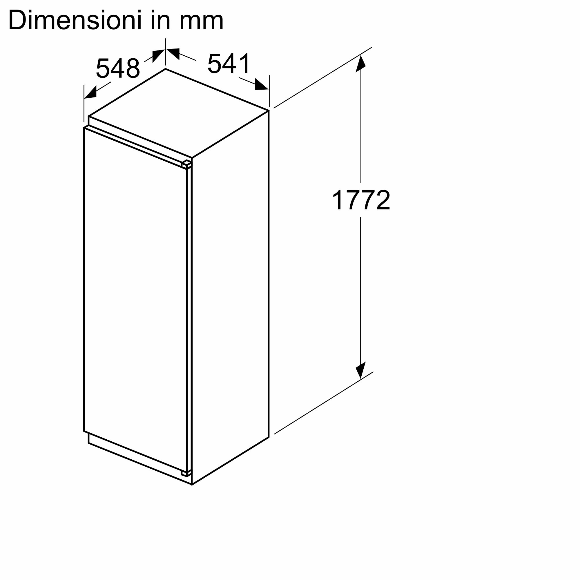 Isometrische Zeichnung eines Kühlschranks, Abmessungen in Millimetern.