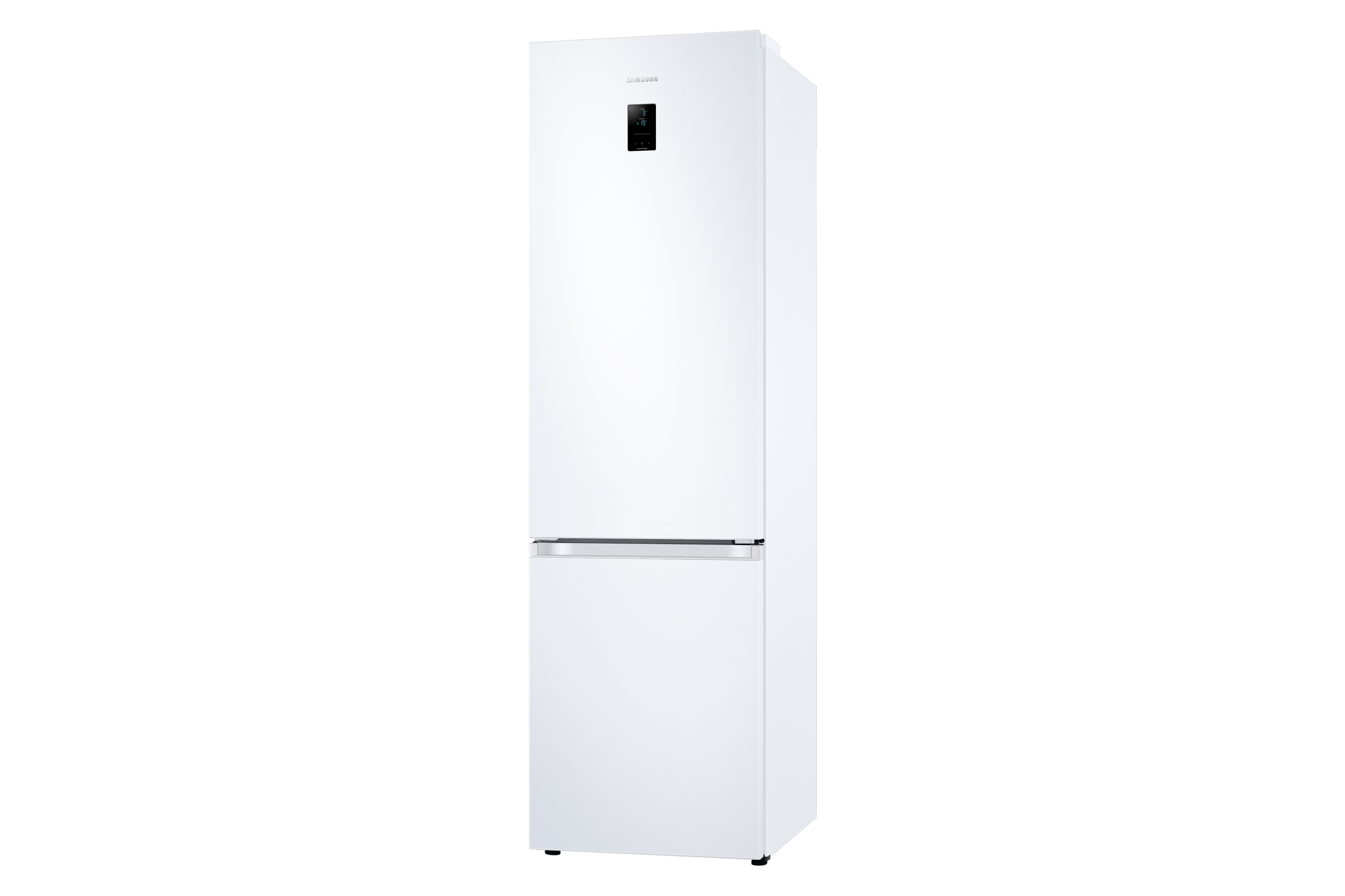 White Samsung refrigerator. Digital display on door. Bottom freezer.