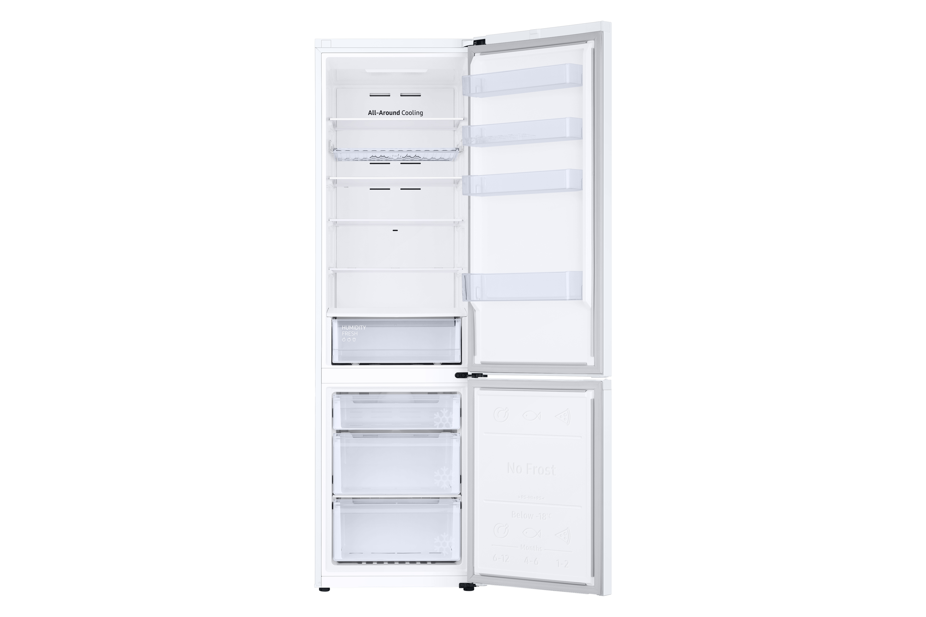 White refrigerator with open doors, showing shelves and drawers filled with white interior.