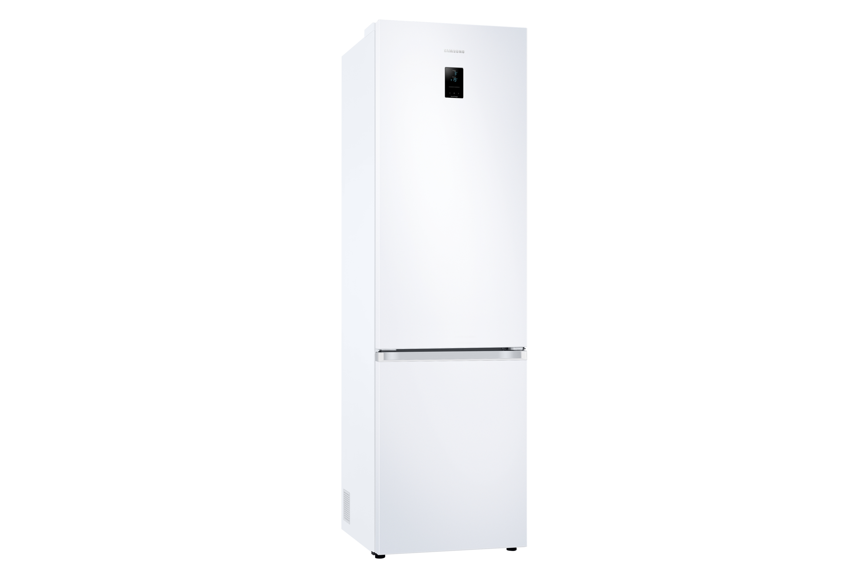 A white Samsung refrigerator, with a top and a bottom door.
