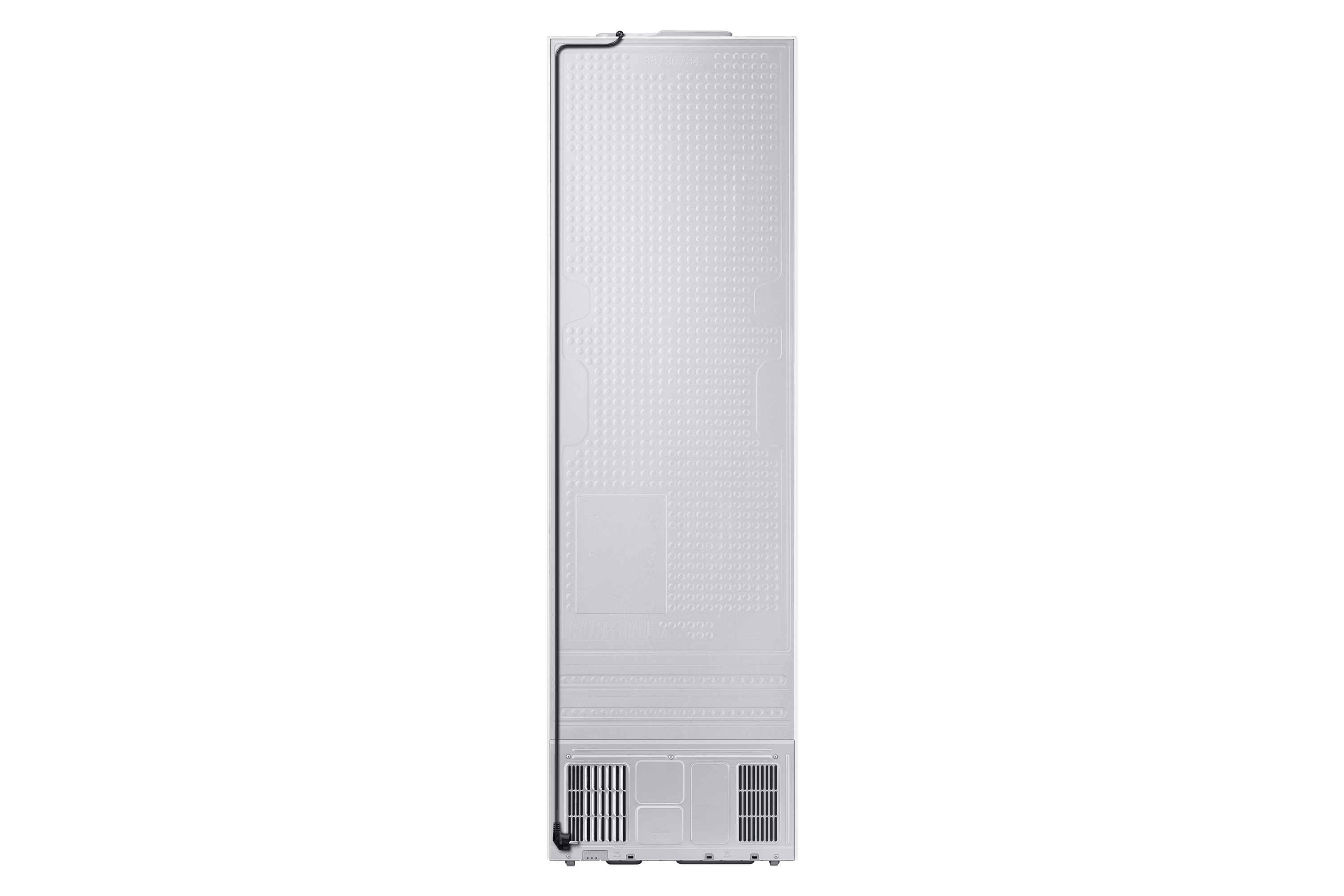 Back view of a white refrigerator with a black cable and ventilation at the bottom.