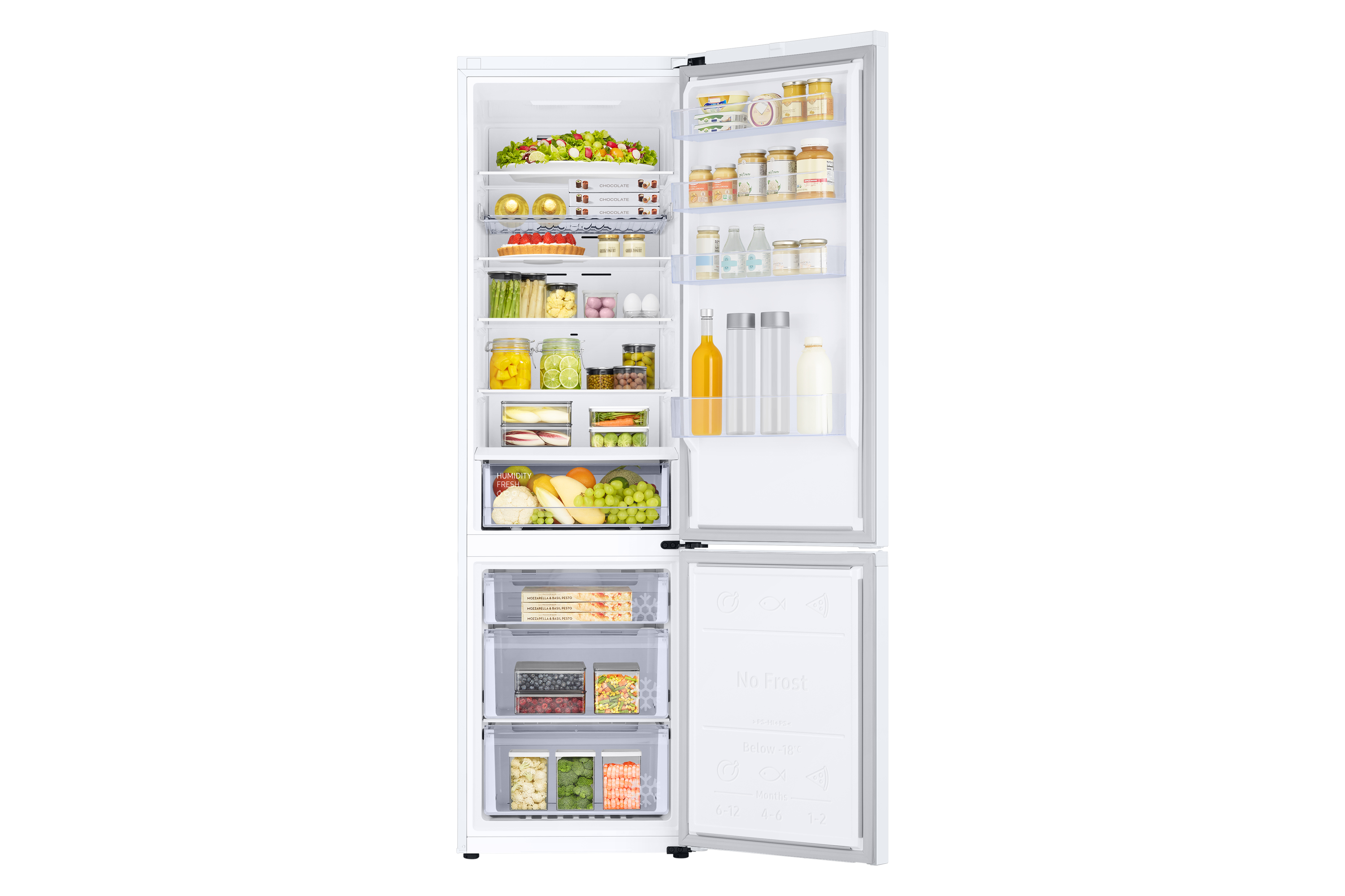 A white refrigerator with an open door, showing organized shelves and drawers filled with food items.