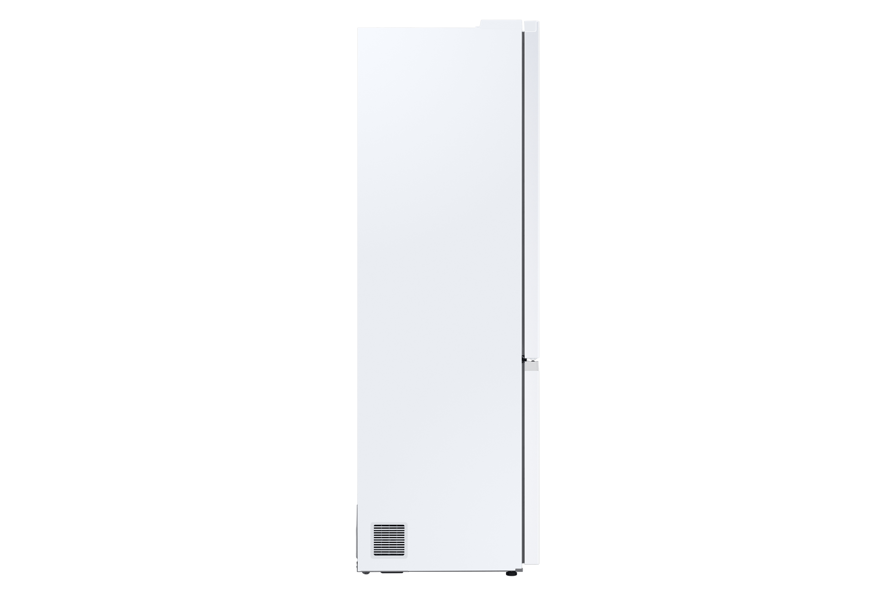A white refrigerator from the side view. It has a door and a vent at the bottom.