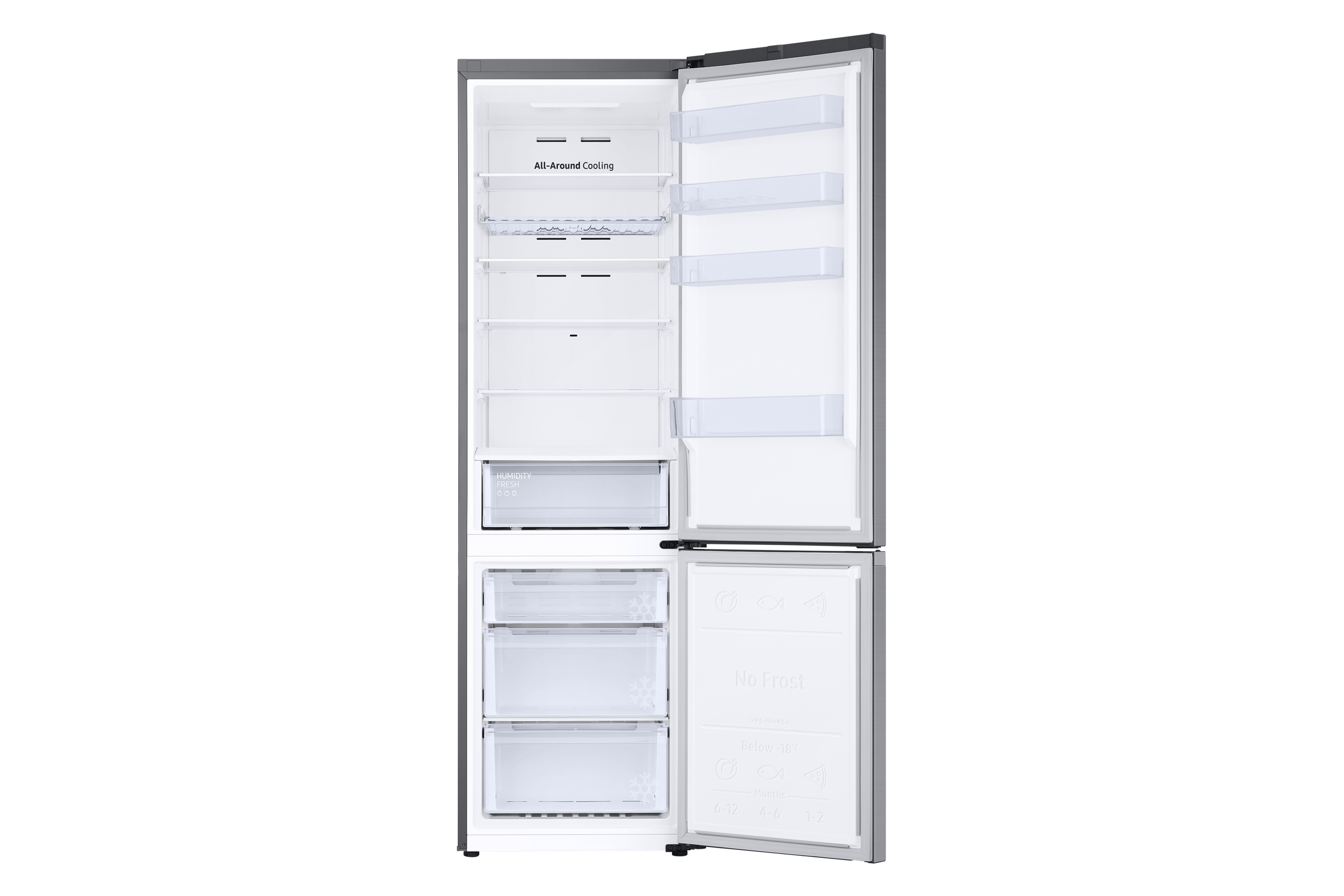 Interior de un refrigerador con estantes, cajones y contenedores de alimentos.