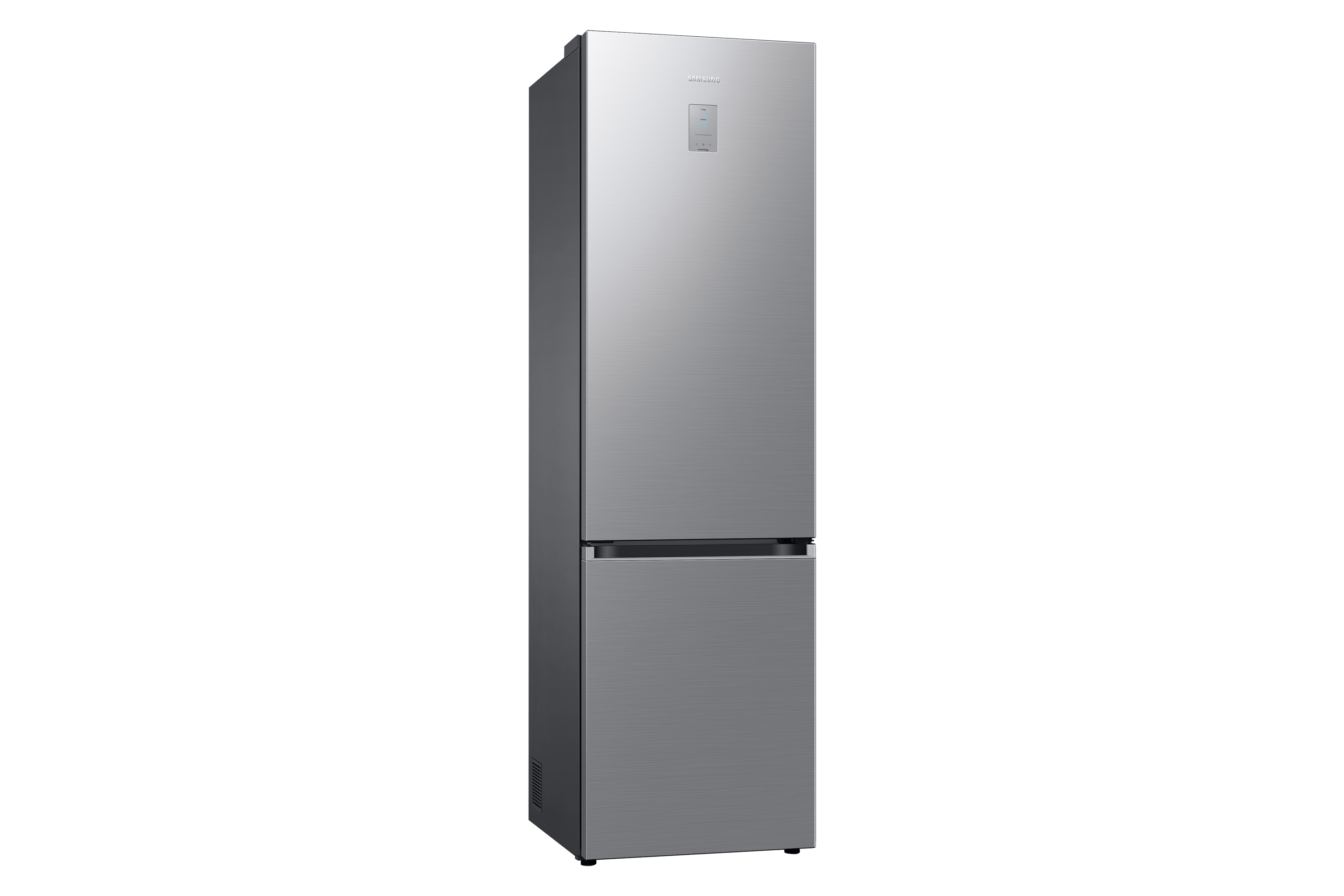 Refrigerador plateado con congelador en la parte inferior.