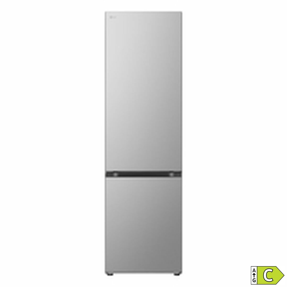 Un frigorifero argentato con due porte. È alto ed elegante con un design moderno.