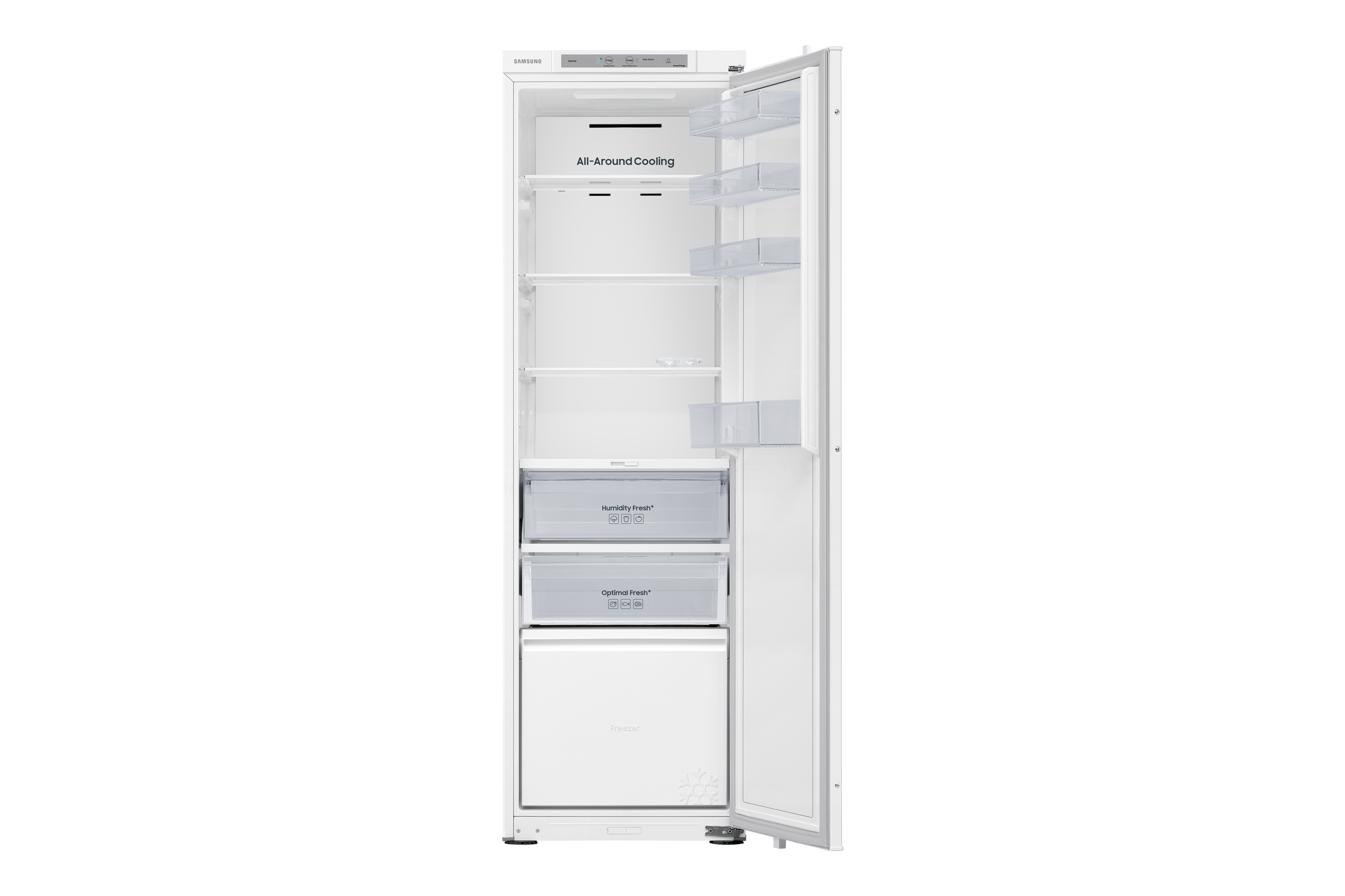 Interno frigorifero bianco aperto con più ripiani, cassetti e contenitori, ben organizzati.