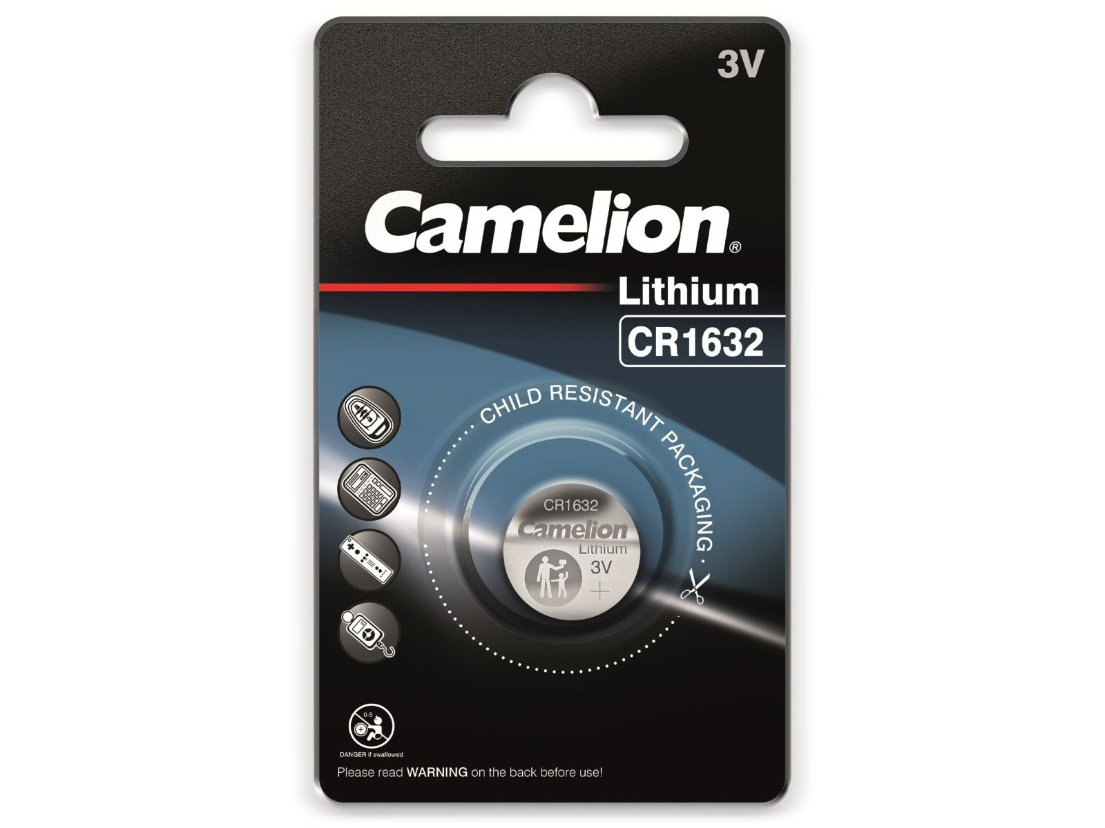 Un pacco batterie al litio Camelion CR1632. La confezione è in bianco e nero con dettagli sulla batteria.