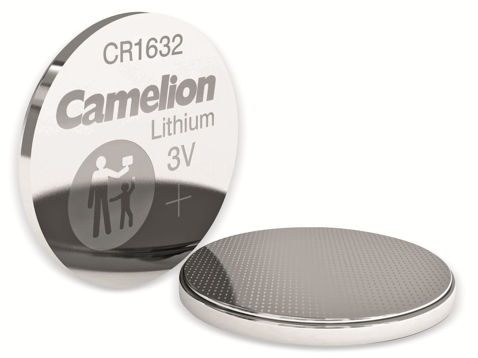 Batteria CR1632 del marchio Camelion. La batteria mostra 3V e un segno più.