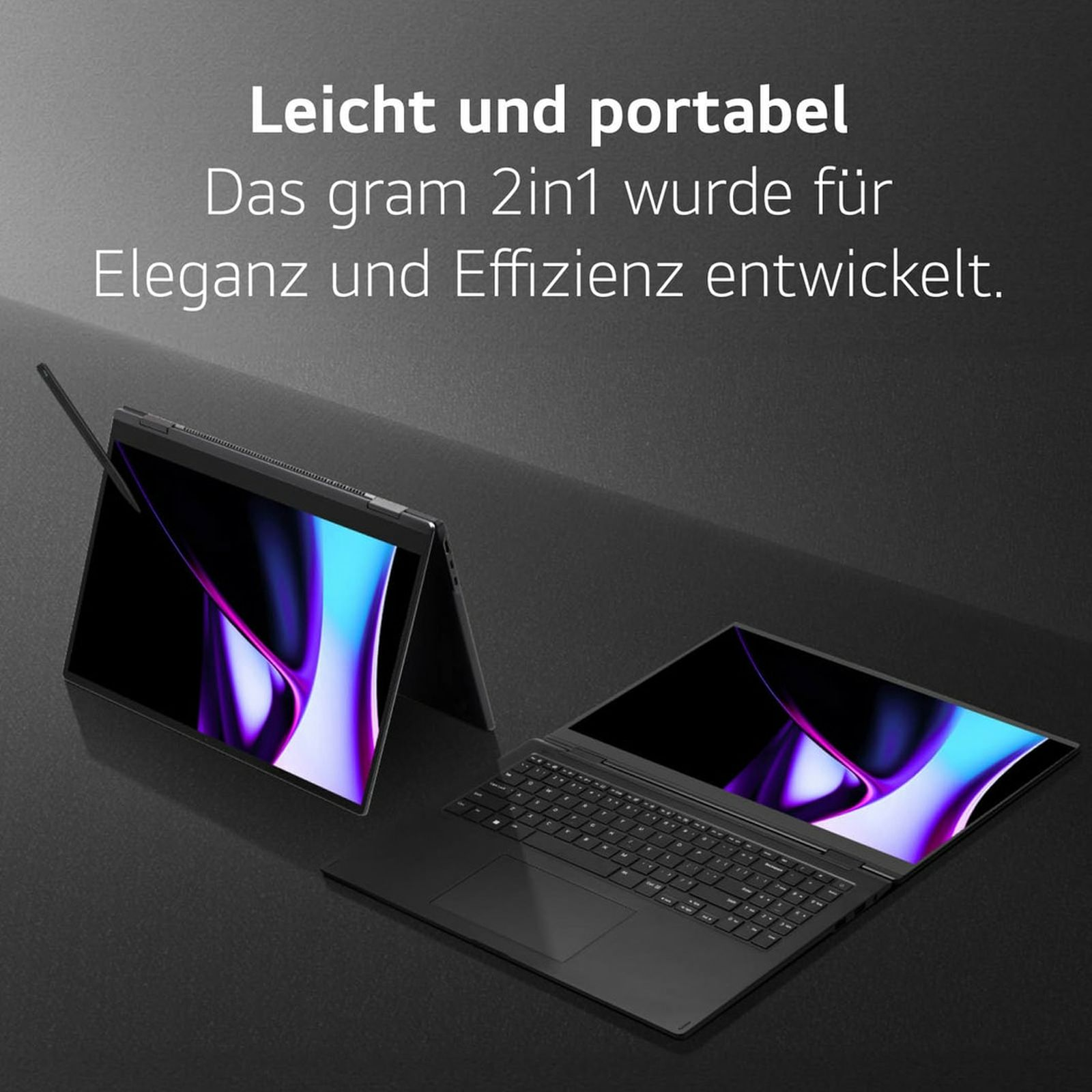 Zwei schwarze Laptops auf dunkler Oberfläche, einer geöffnet. Text sagt leicht und tragbar.