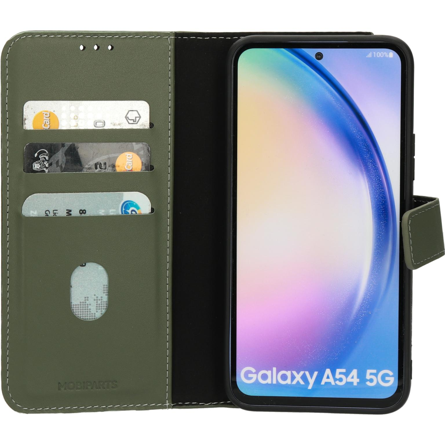 Open telefoonhoesje met telefoon. Het is olijfgroen, met kaartsleuven en een telefoon.