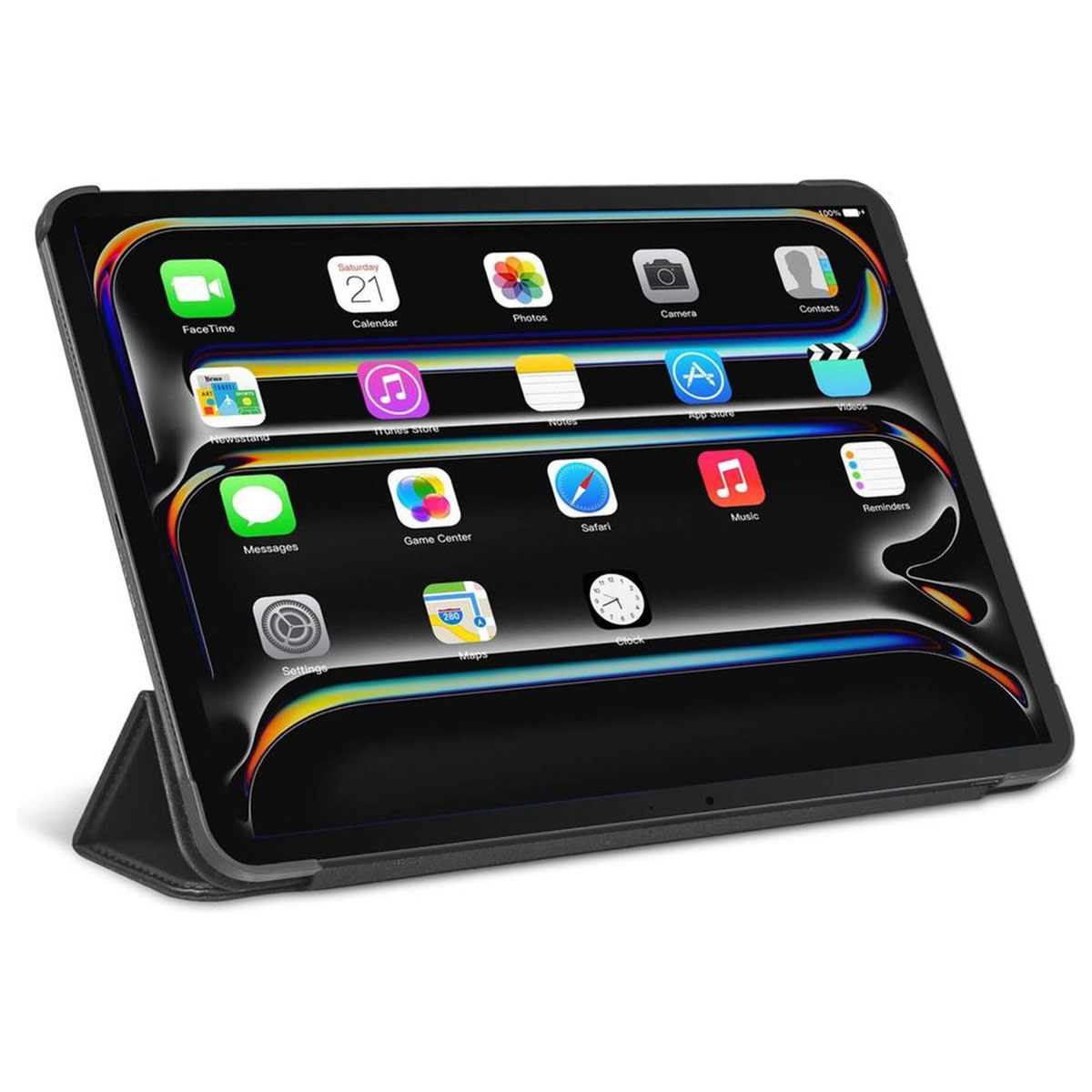 Una custodia per tablet lilla, chiusa, che mostra la cover posteriore.
