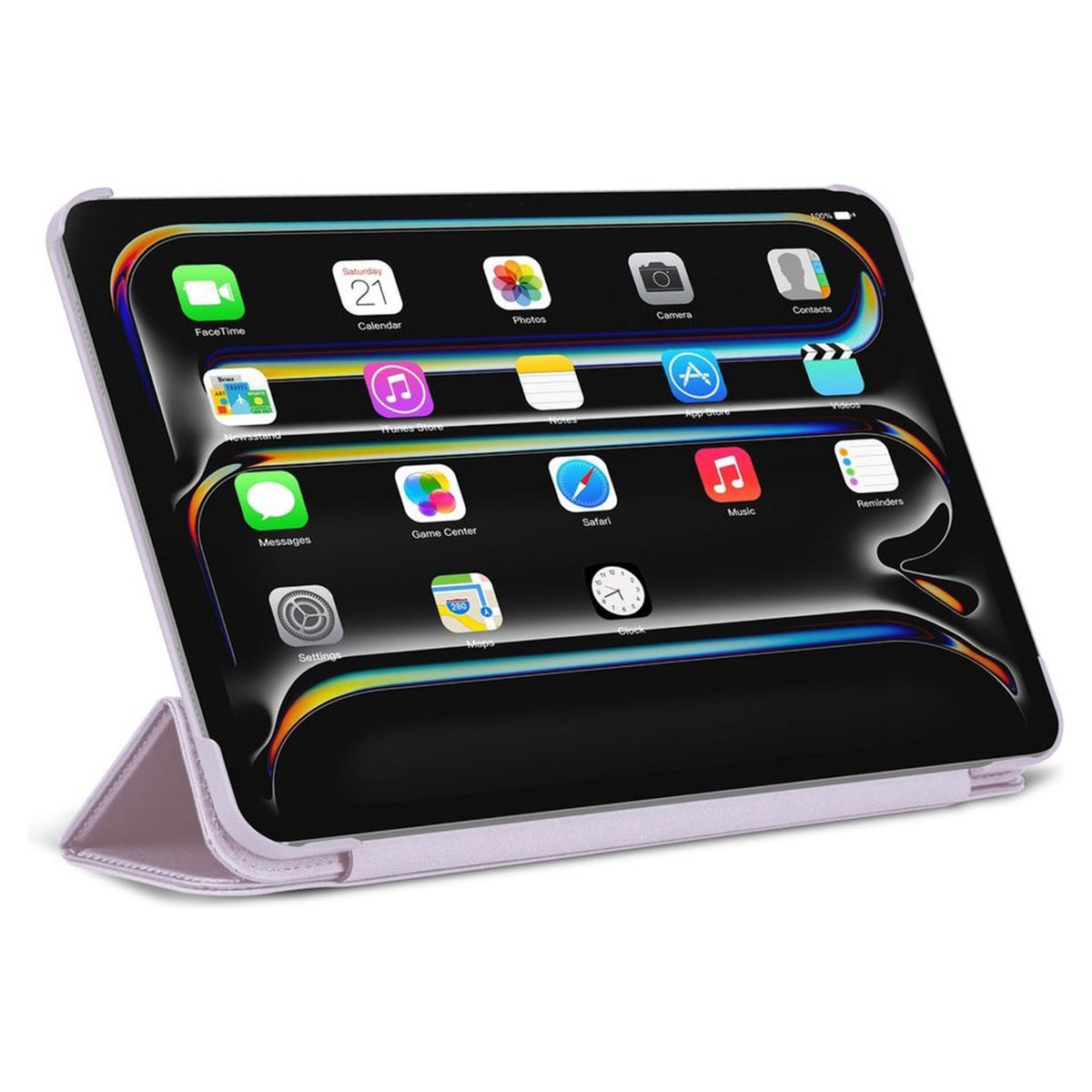 Tablet on stand, showing apps on screen. Icons of apps are visible.