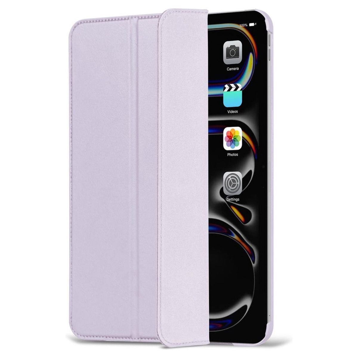 Tablet case, open showing tablet with apps on screen. Camera, Videos, Photos, Settings icons.