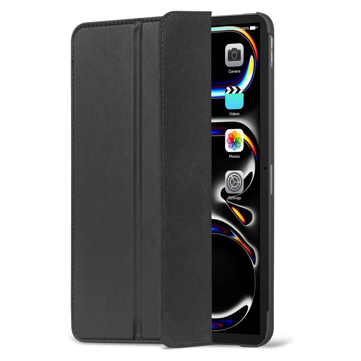 Tablet in custodia nera, aperto che mostra lo schermo con icone delle app.